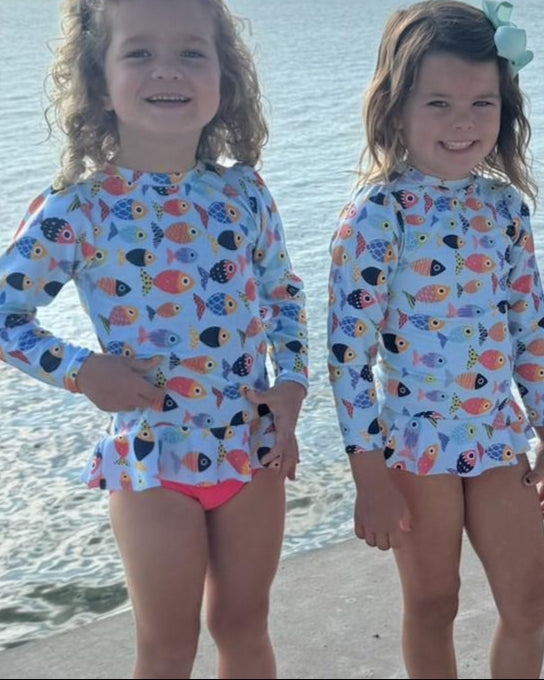 Girls Colorful Fish Sun Shirt and Coral Swim Bottom Set