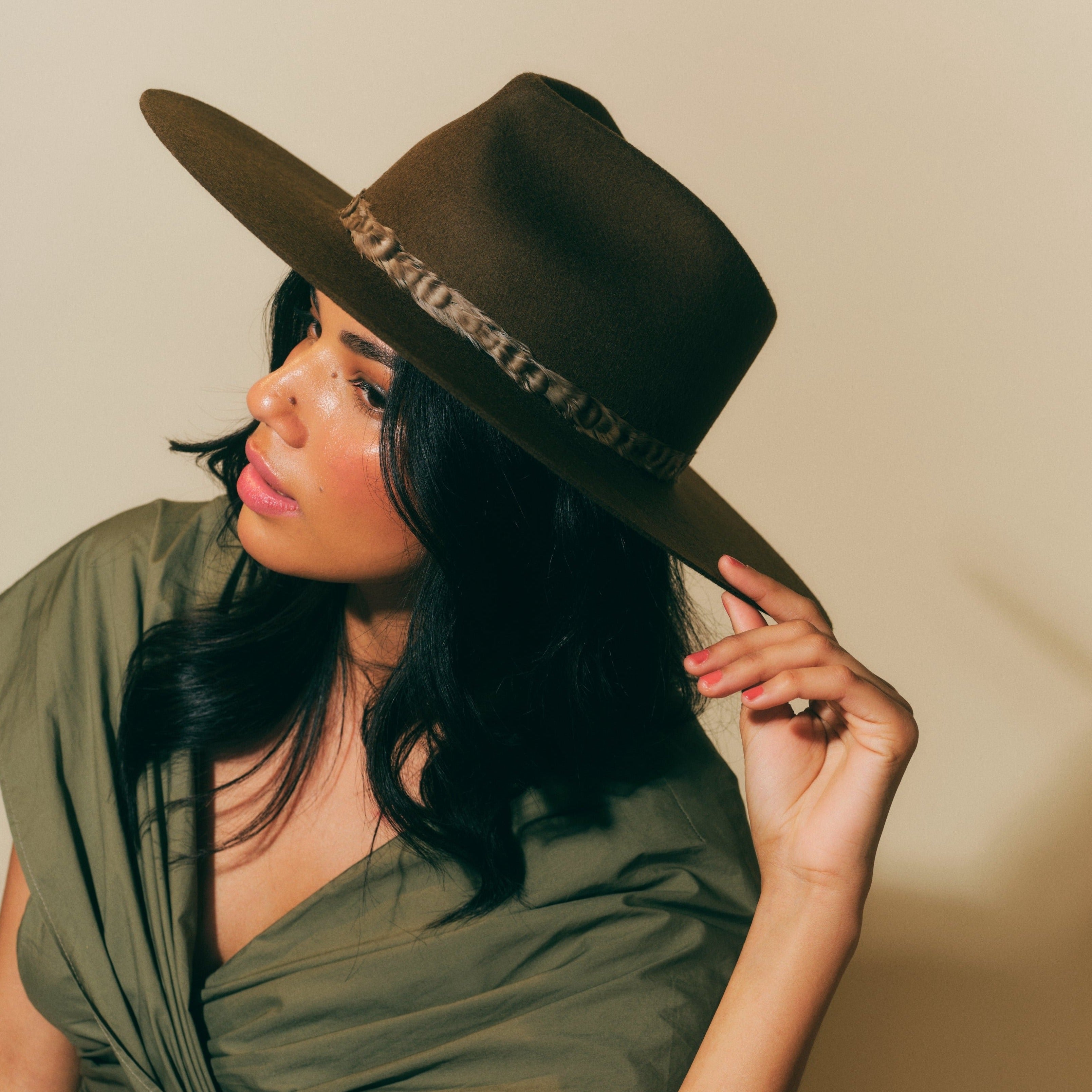 Teardrop Wool Hat - Dark Olive w/ Feather Ribbon Trim
