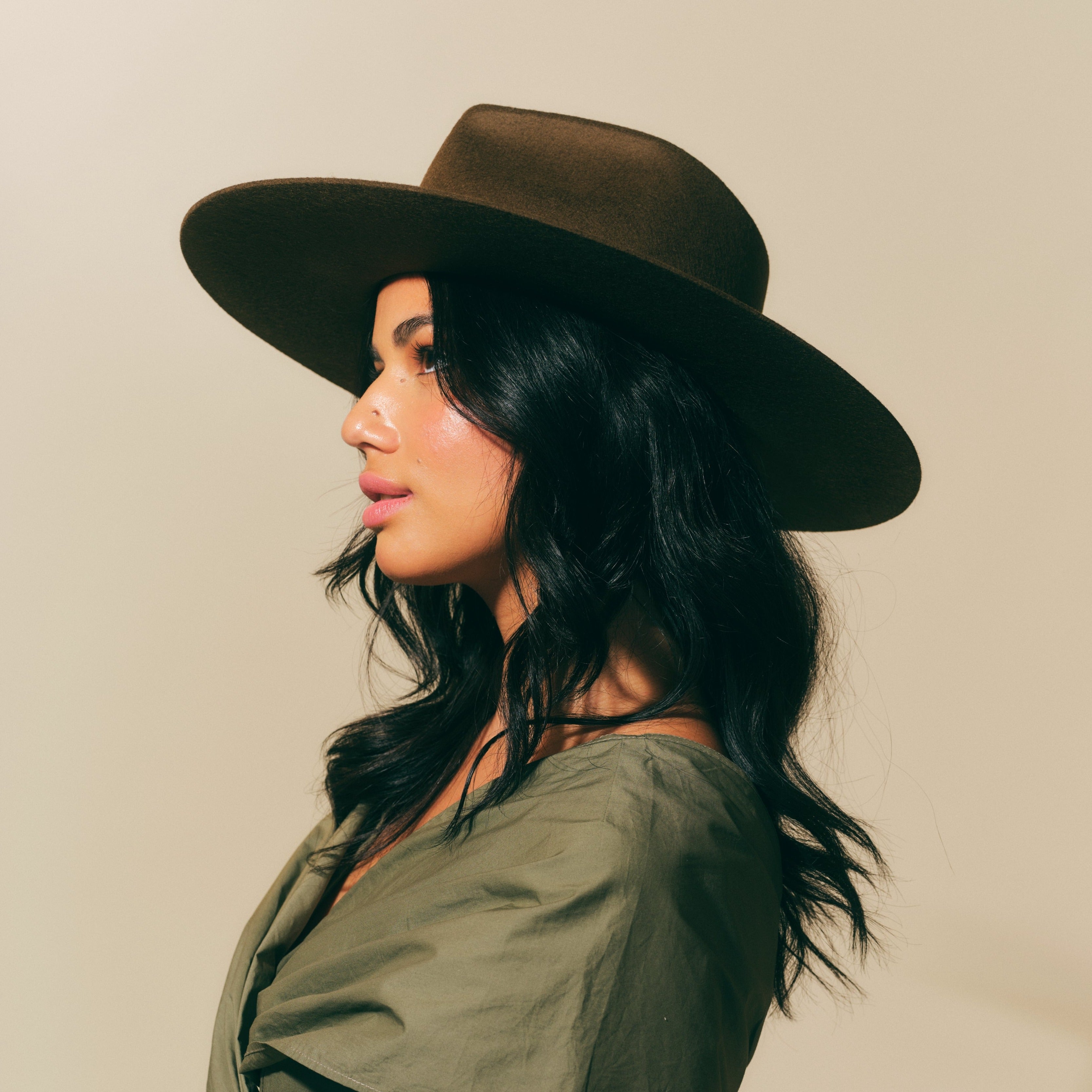 Teardrop Wool Hat - Dark Olive w/ Feather Ribbon Trim