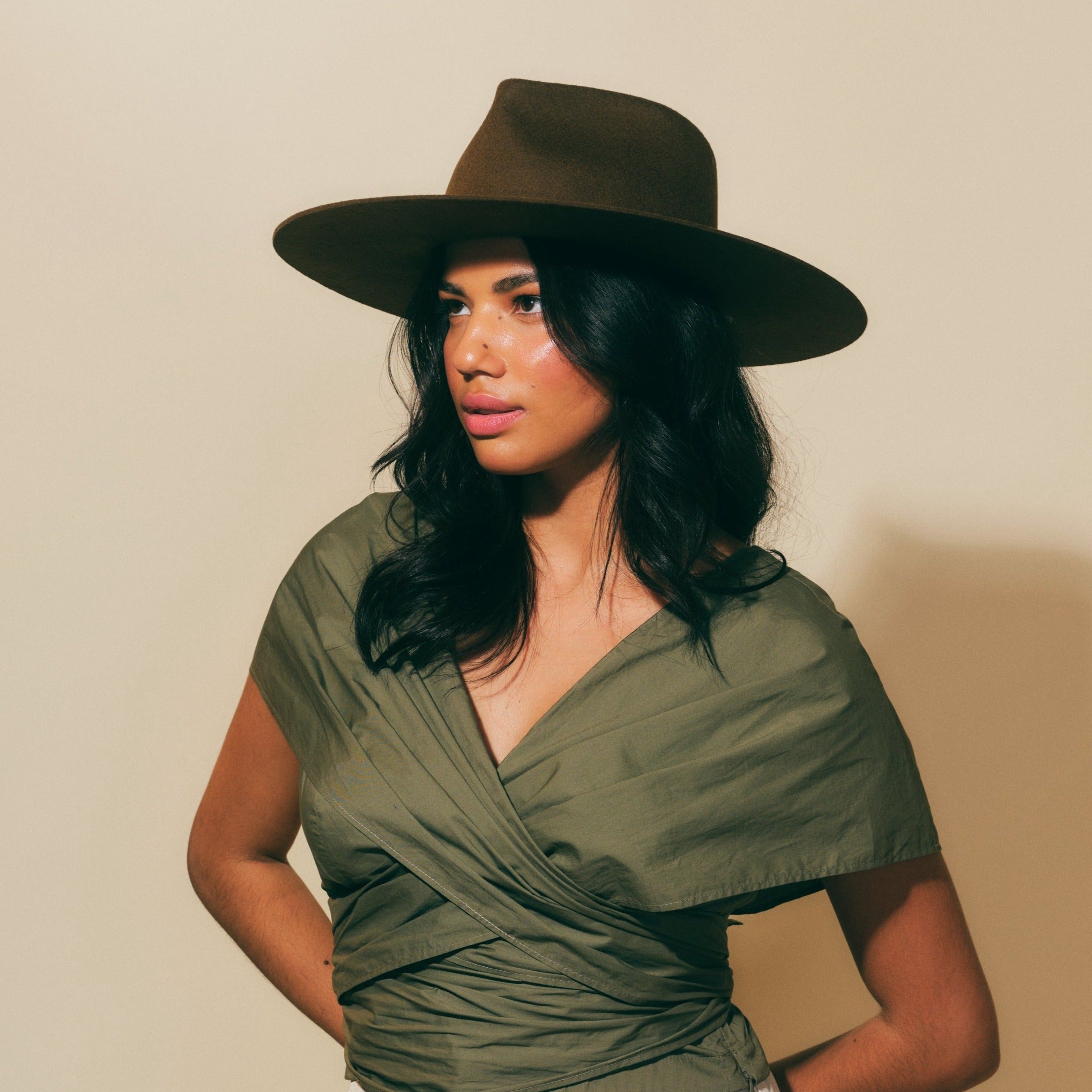 Teardrop Wool Hat - Dark Olive w/ Feather Ribbon Trim
