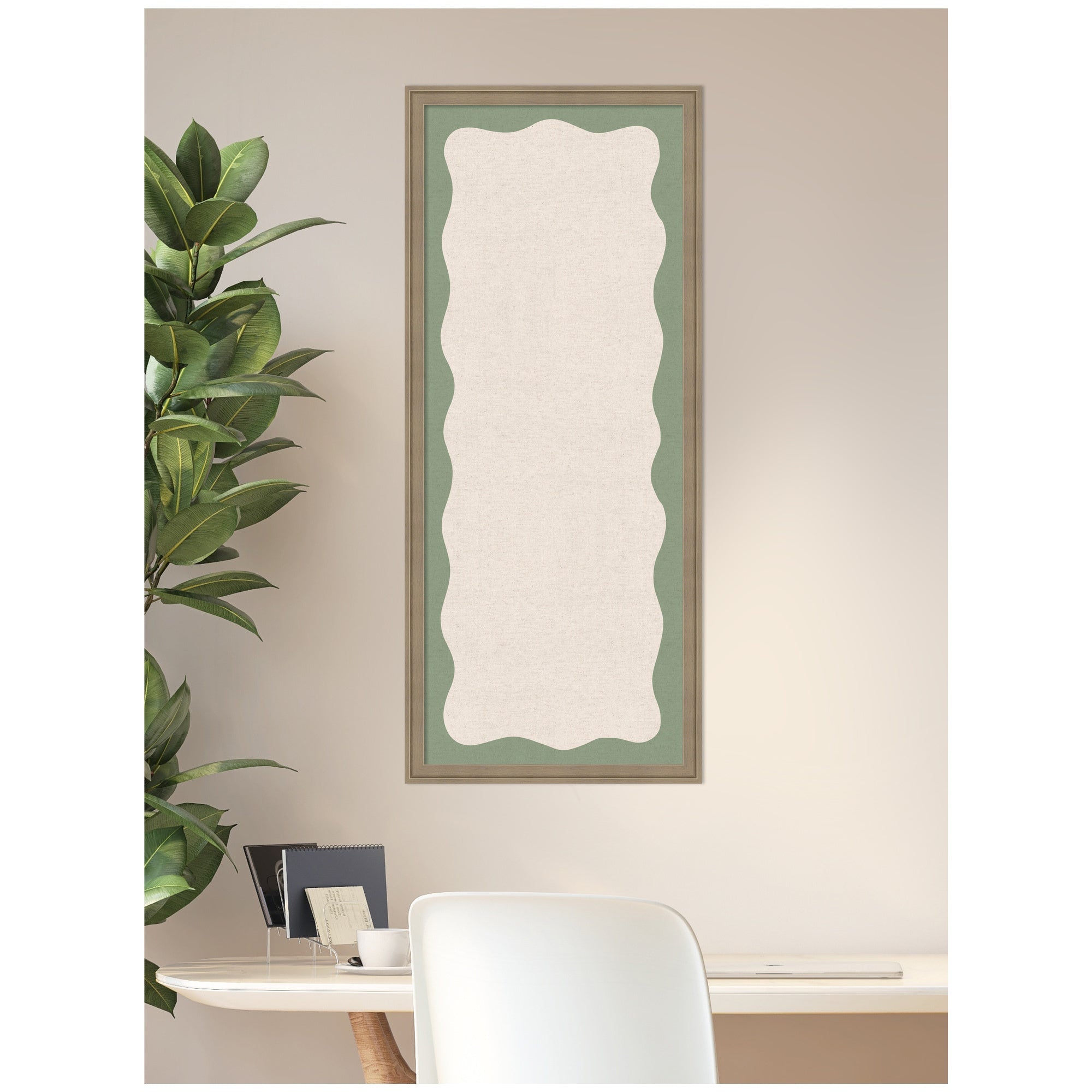 Framed Fabric Pinboard Wavy Neutral Linen and Green Wall Organization