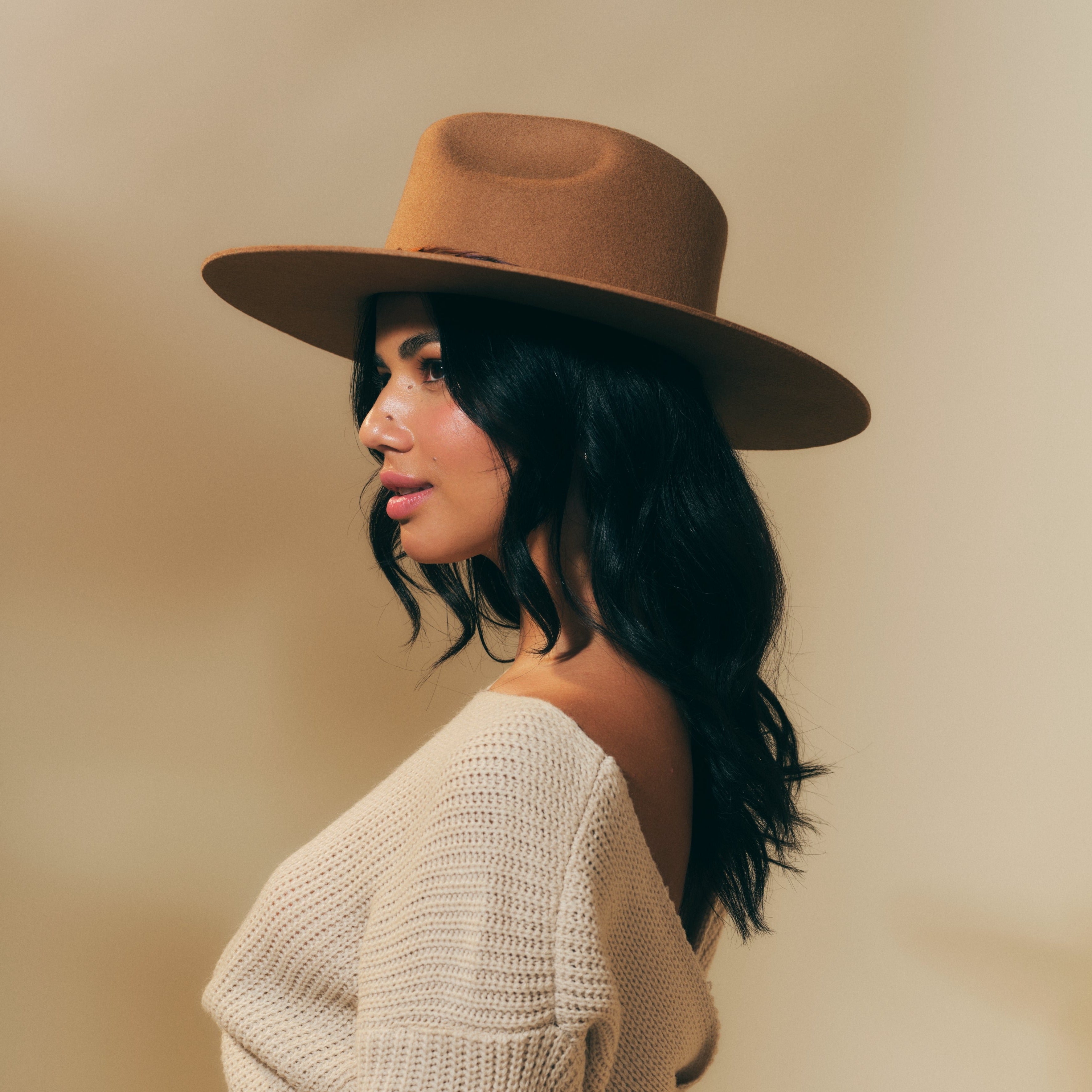 Classic Wool Hat - Brown Sugar w/ Feather Ribbon Trim