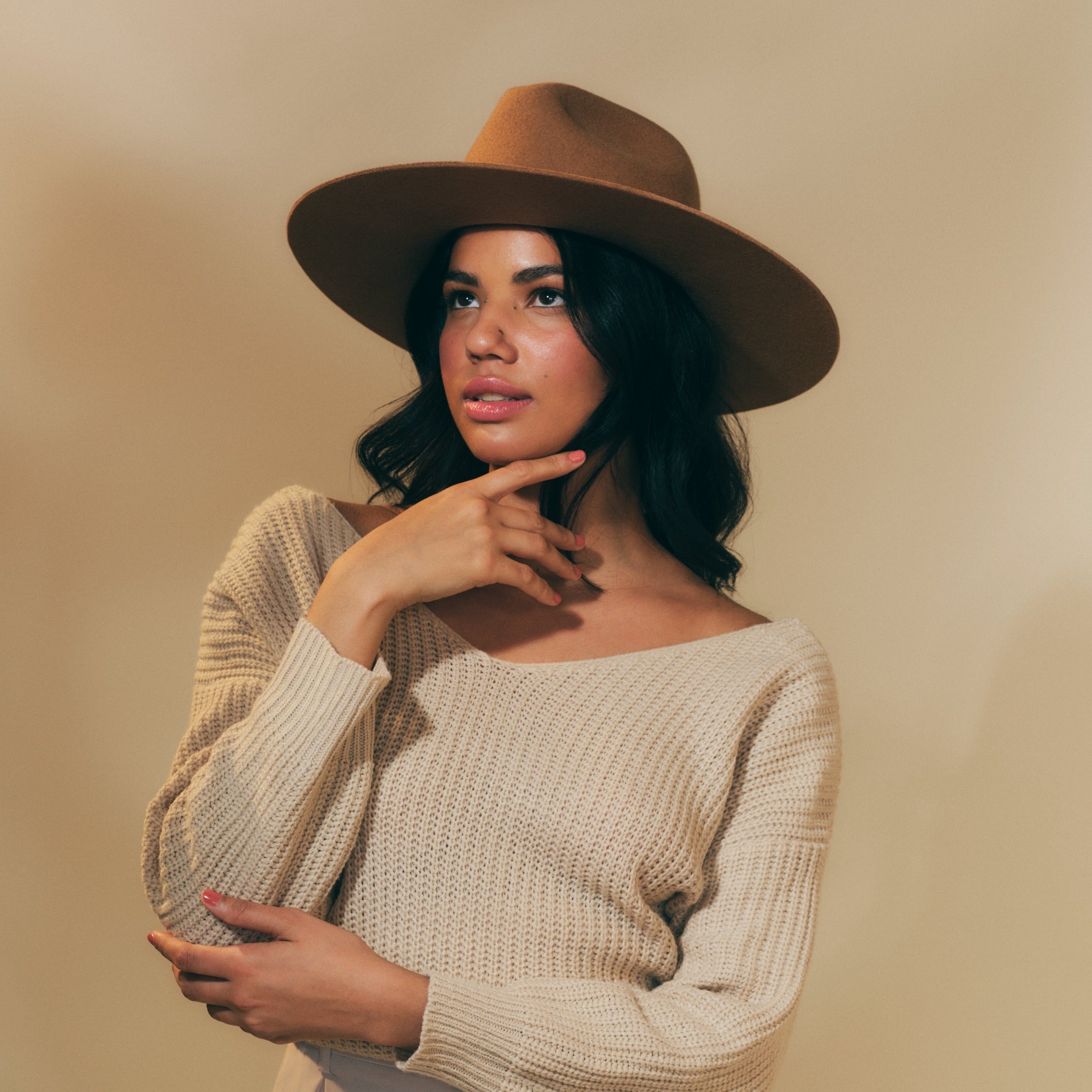 Classic Wool Hat - Brown Sugar w/ Feather Ribbon Trim