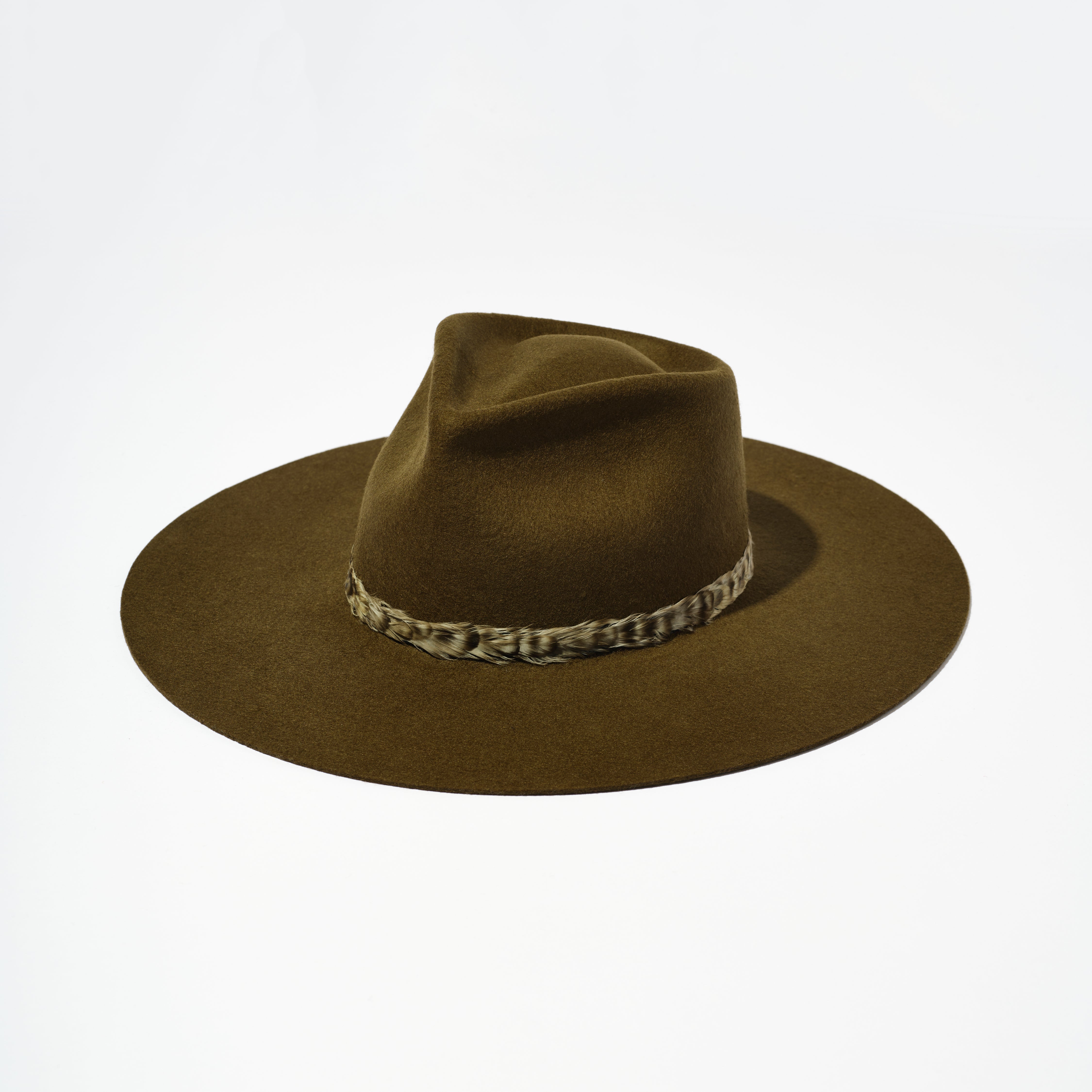 Teardrop Wool Hat - Dark Olive w/ Feather Ribbon Trim