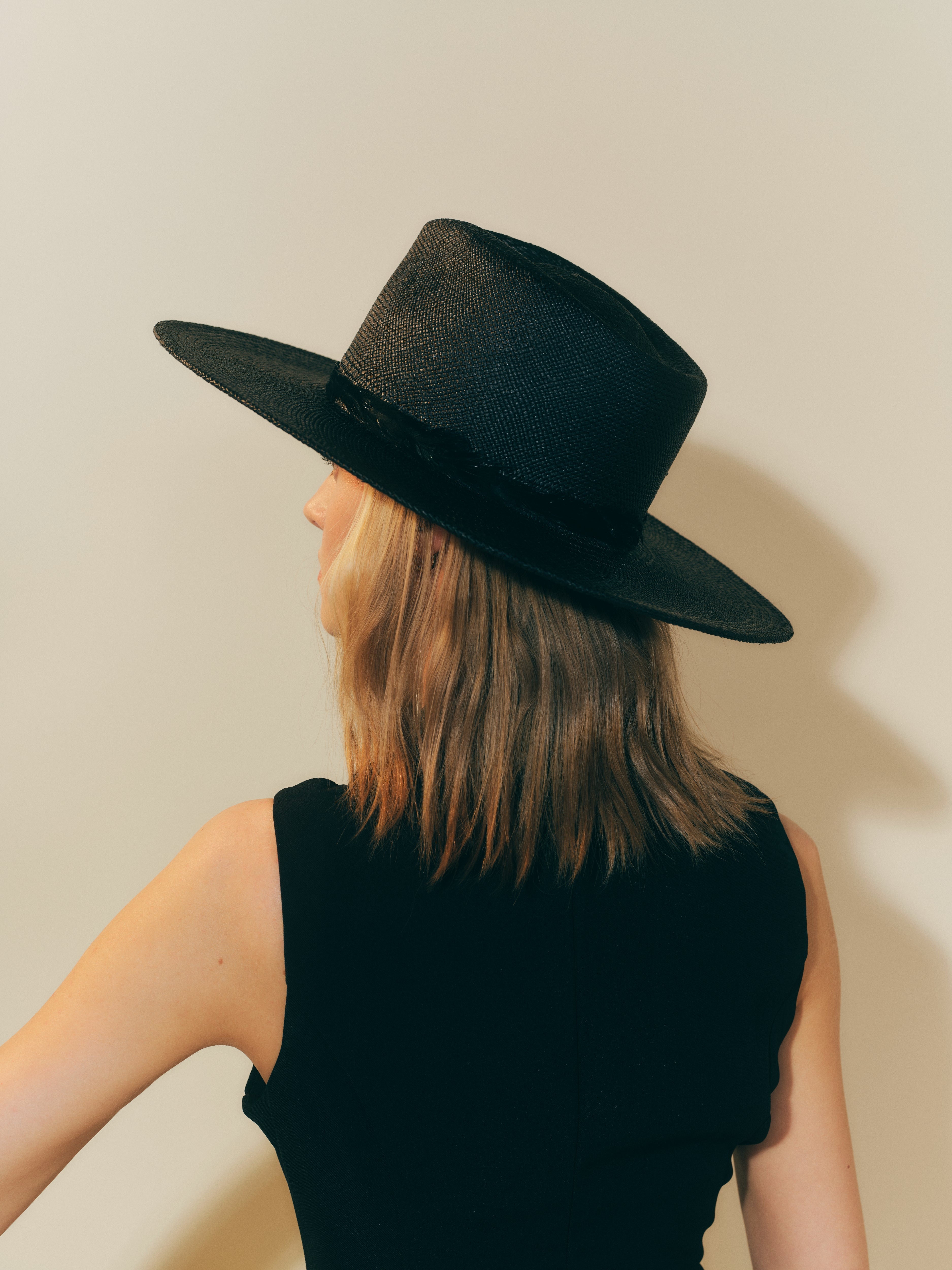 Straw Teardrop Hat - Black w/ Feather Ribbon Trim