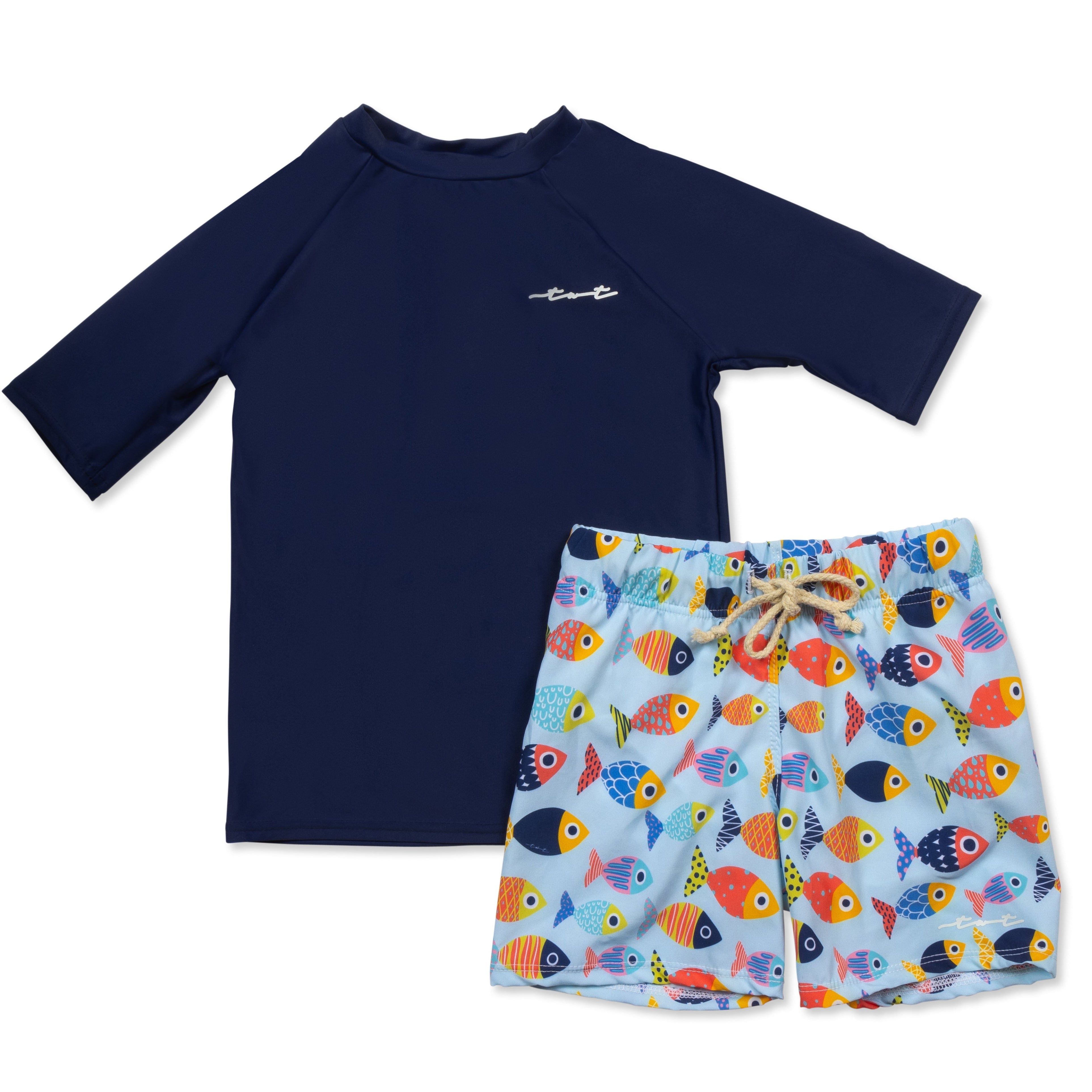 Boys Colorful Fish UPF 50 Swim Shirt & Trunk Set