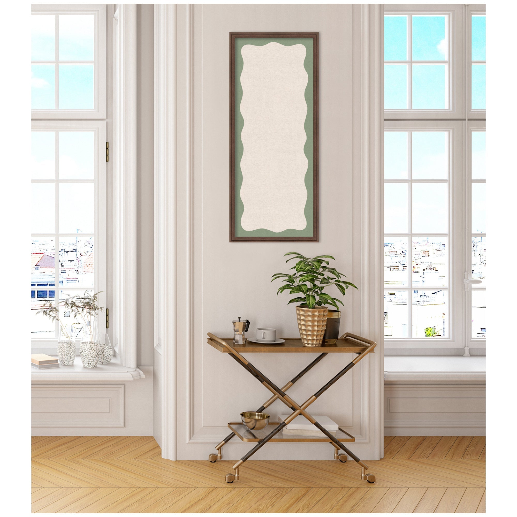 Framed Fabric Pinboard Wavy Neutral Linen and Green Wall Organization
