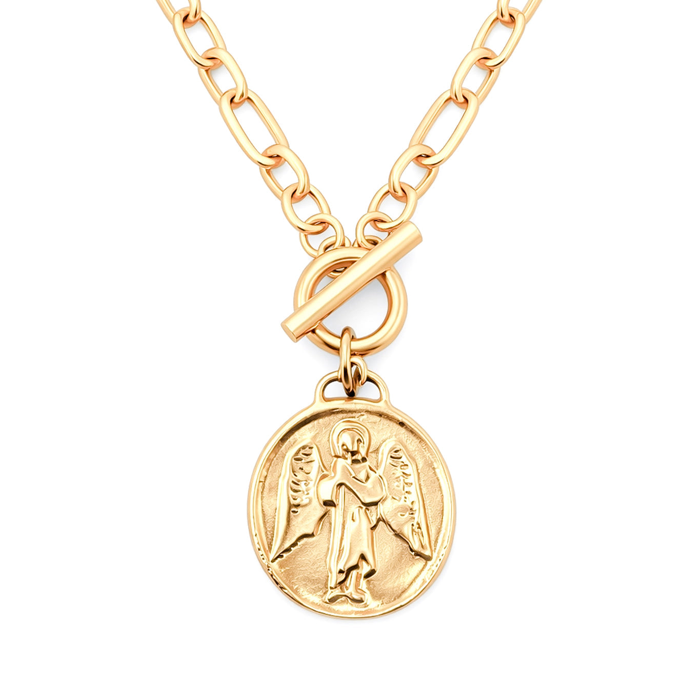 Heirloom Modern Paperclip Necklace with Matte Gold Guardian Angel