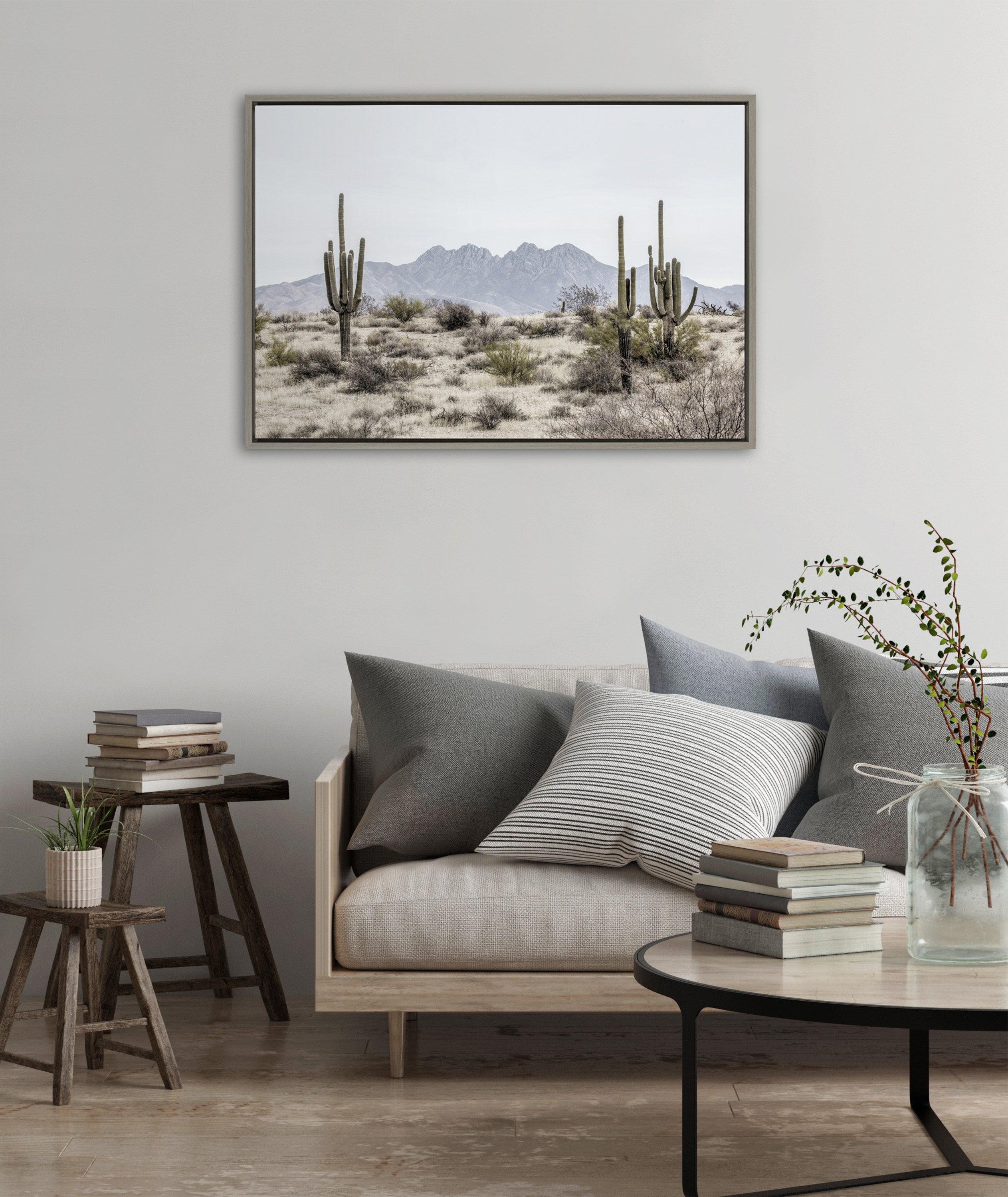 Sylvie Tall Saguaro Cacti Desert Mountain Framed Canvas by The Creative Bunch Studio