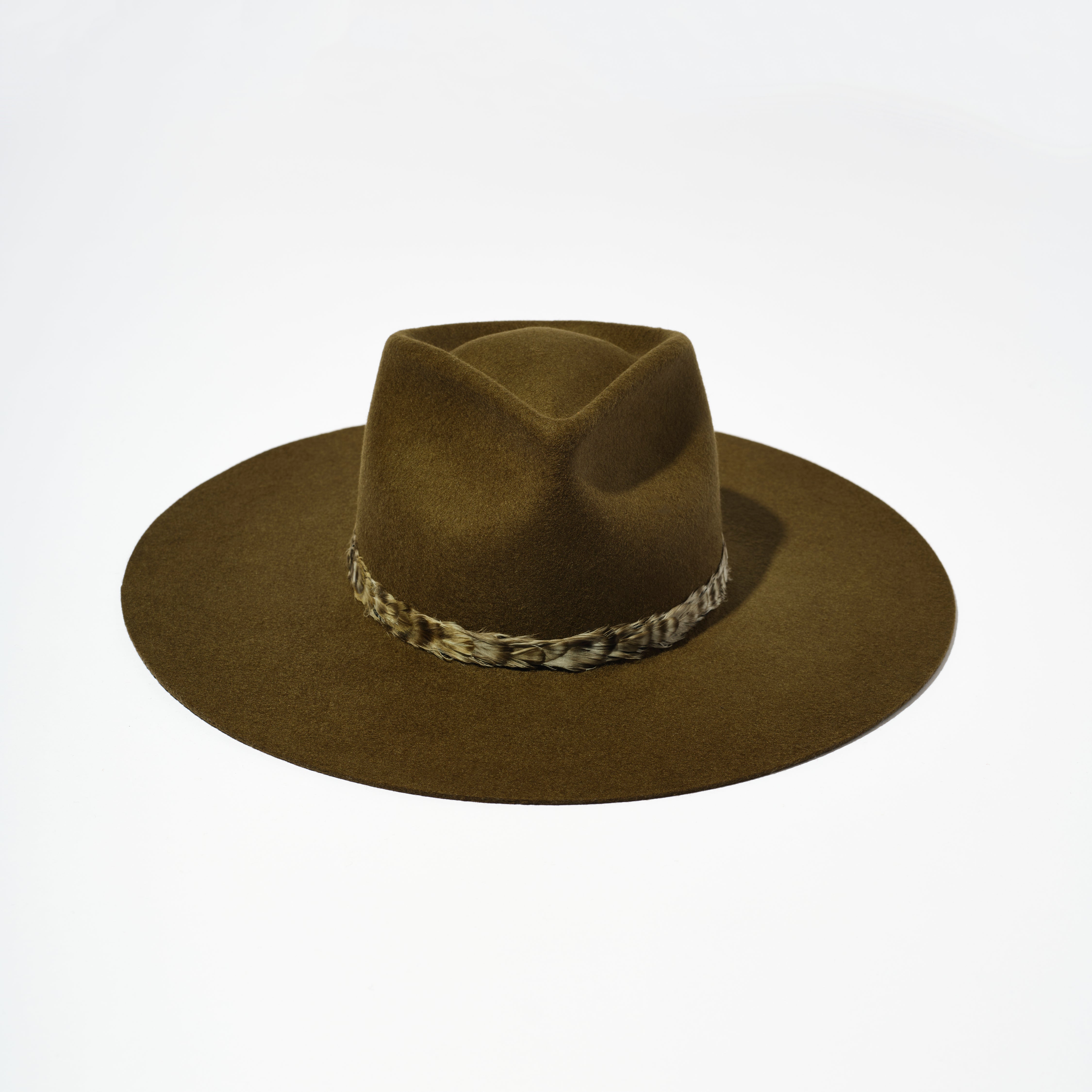 Teardrop Wool Hat - Dark Olive w/ Feather Ribbon Trim