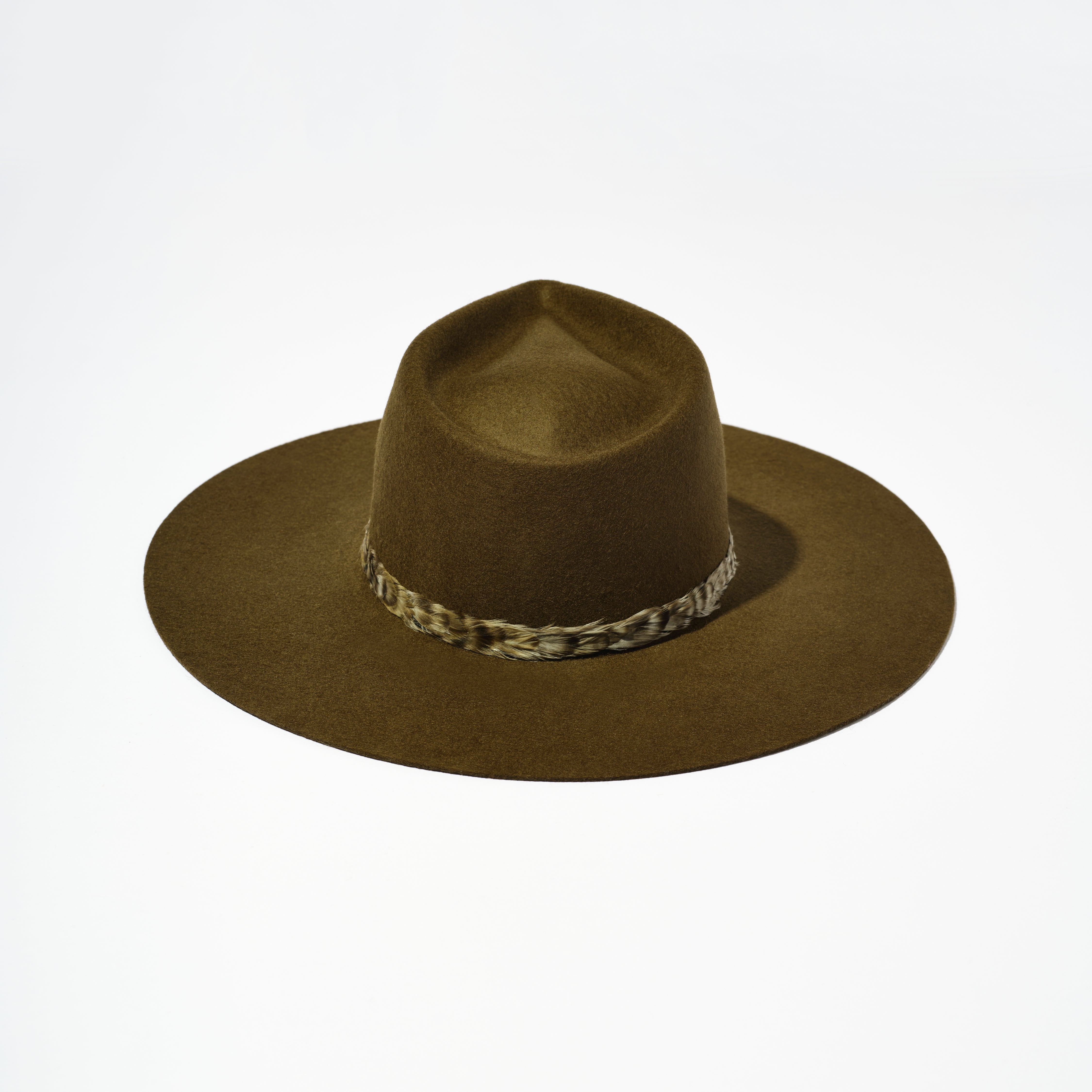 Teardrop Wool Hat - Dark Olive w/ Feather Ribbon Trim