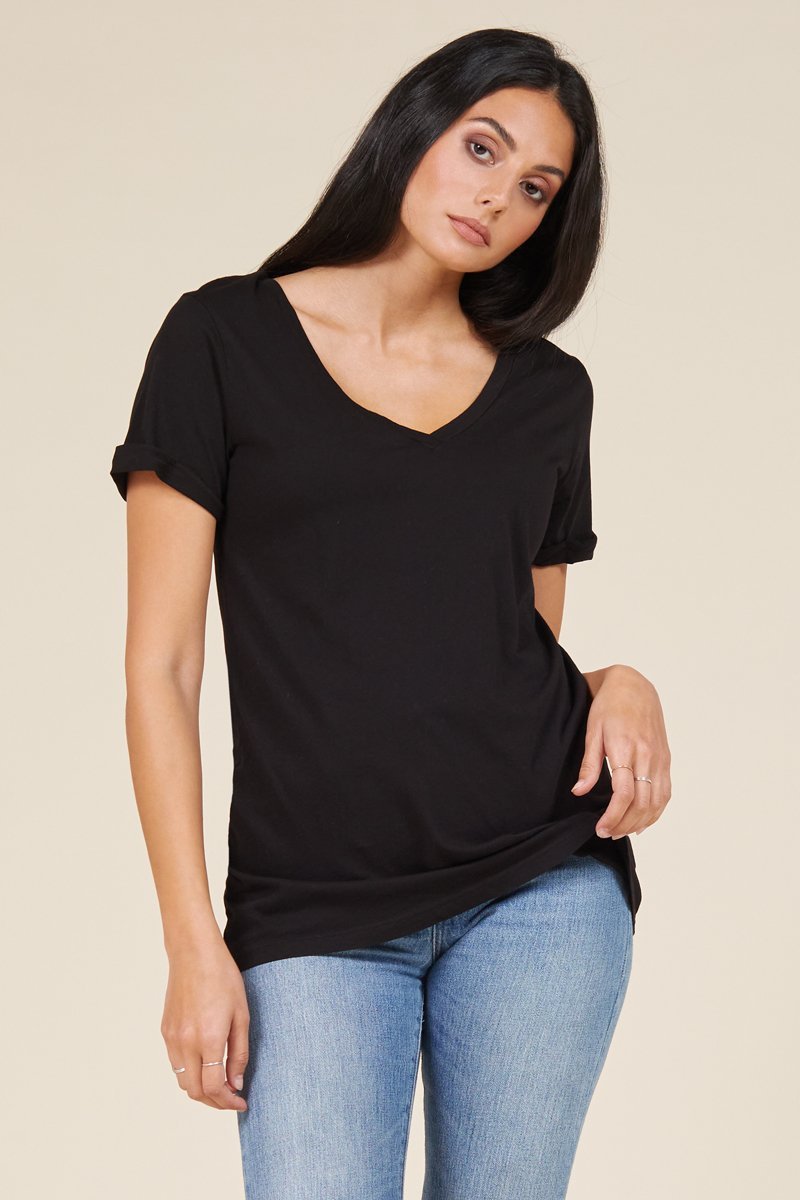 Rolled Sleeve Staple Vee Cotton T-Shirt
