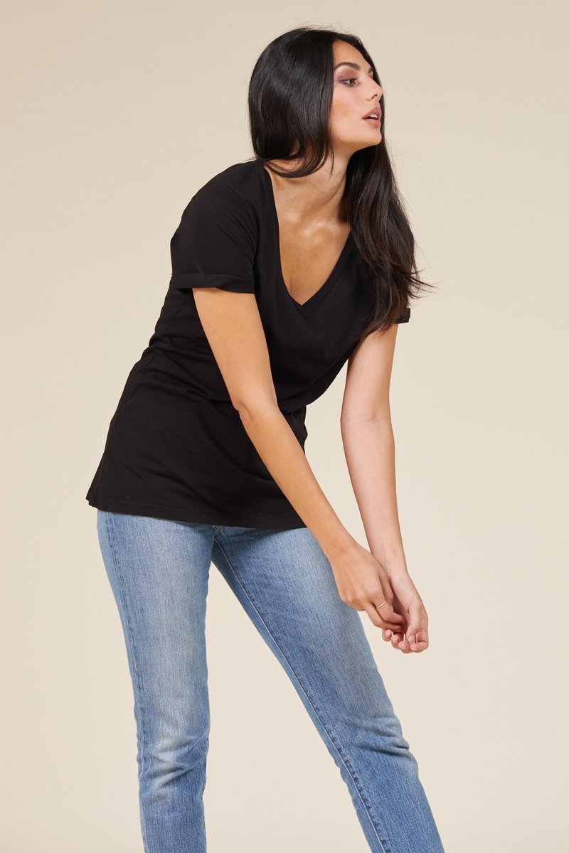 Rolled Sleeve Staple Vee Cotton T-Shirt