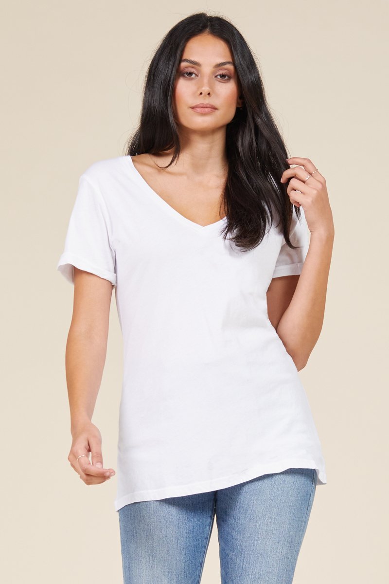 Rolled Sleeve Staple Vee Cotton T-Shirt