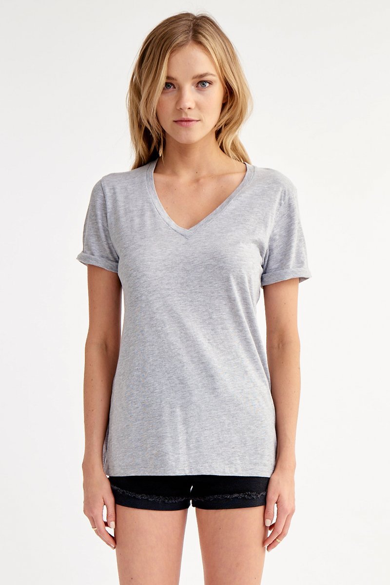 Rolled Sleeve Staple Vee Cotton T-Shirt