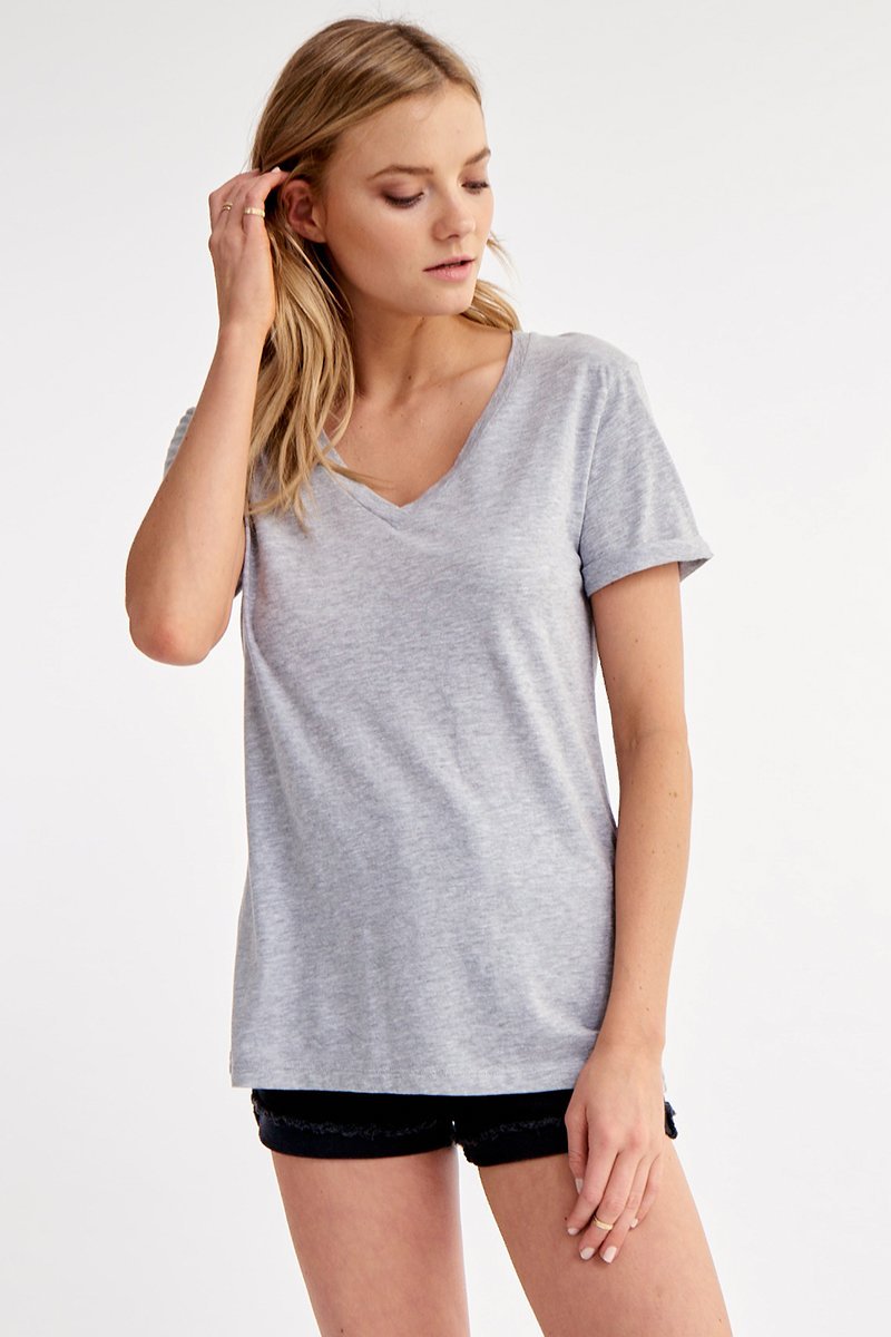 Rolled Sleeve Staple Vee Cotton T-Shirt