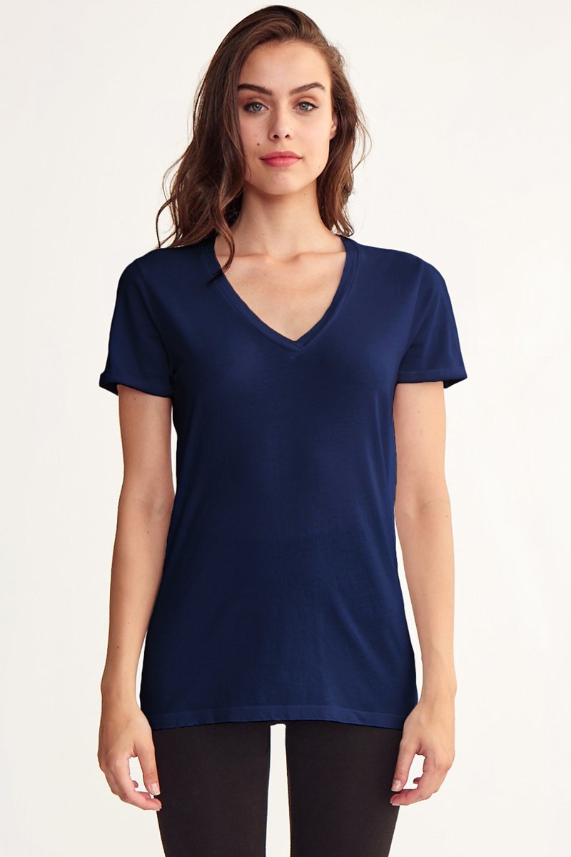 Rolled Sleeve Staple Vee Cotton T-Shirt