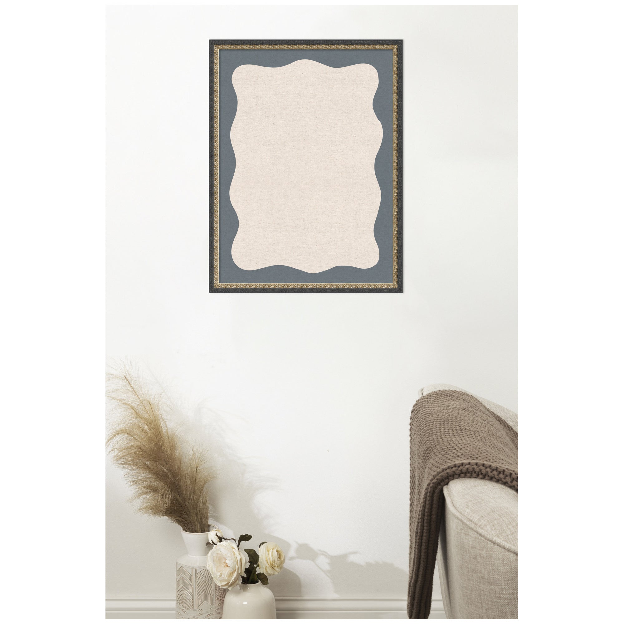 Framed Fabric Pinboard Wavy Linen and Smokey Blue Wall Organization