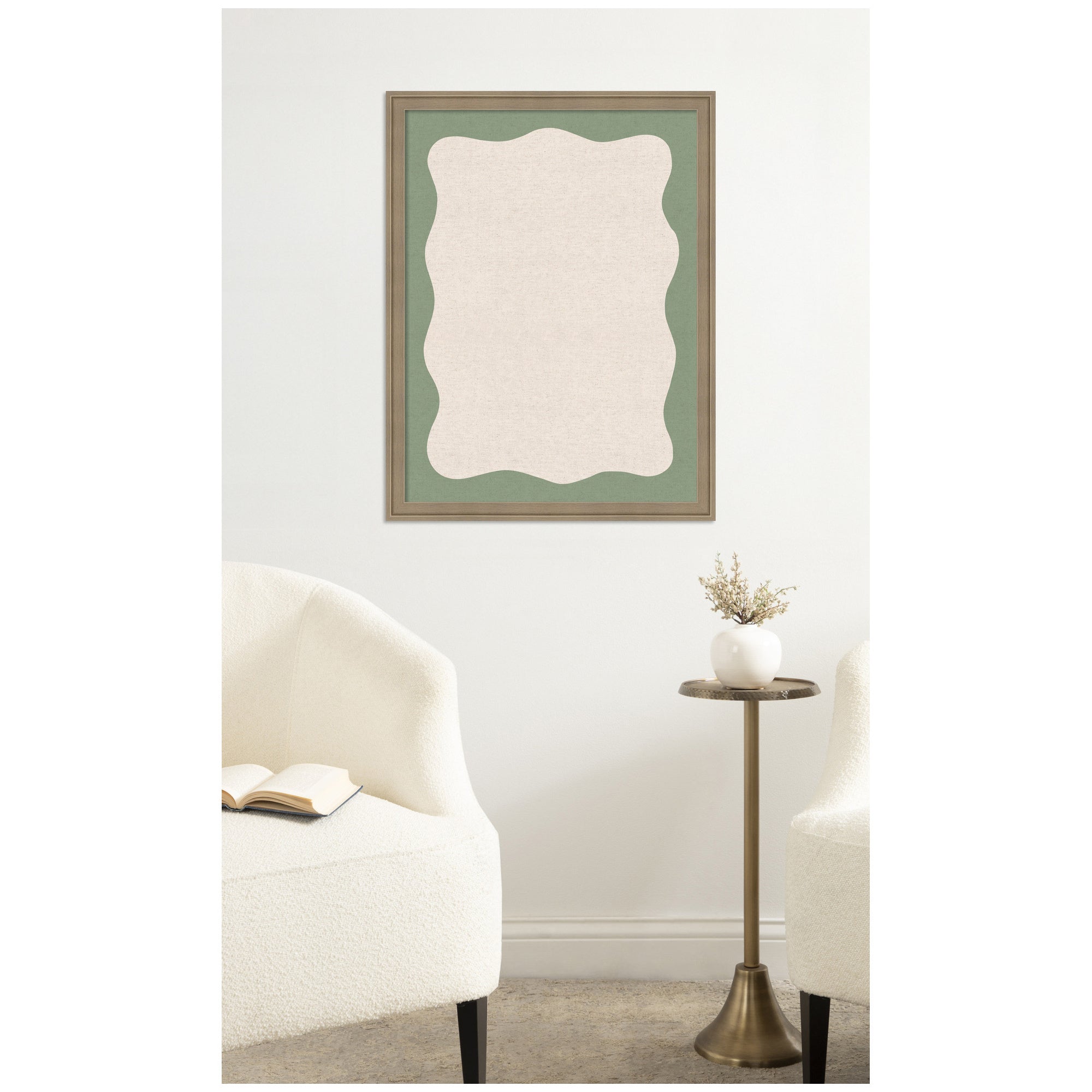 Framed Fabric Pinboard Wavy Neutral Linen and Green Wall Organization