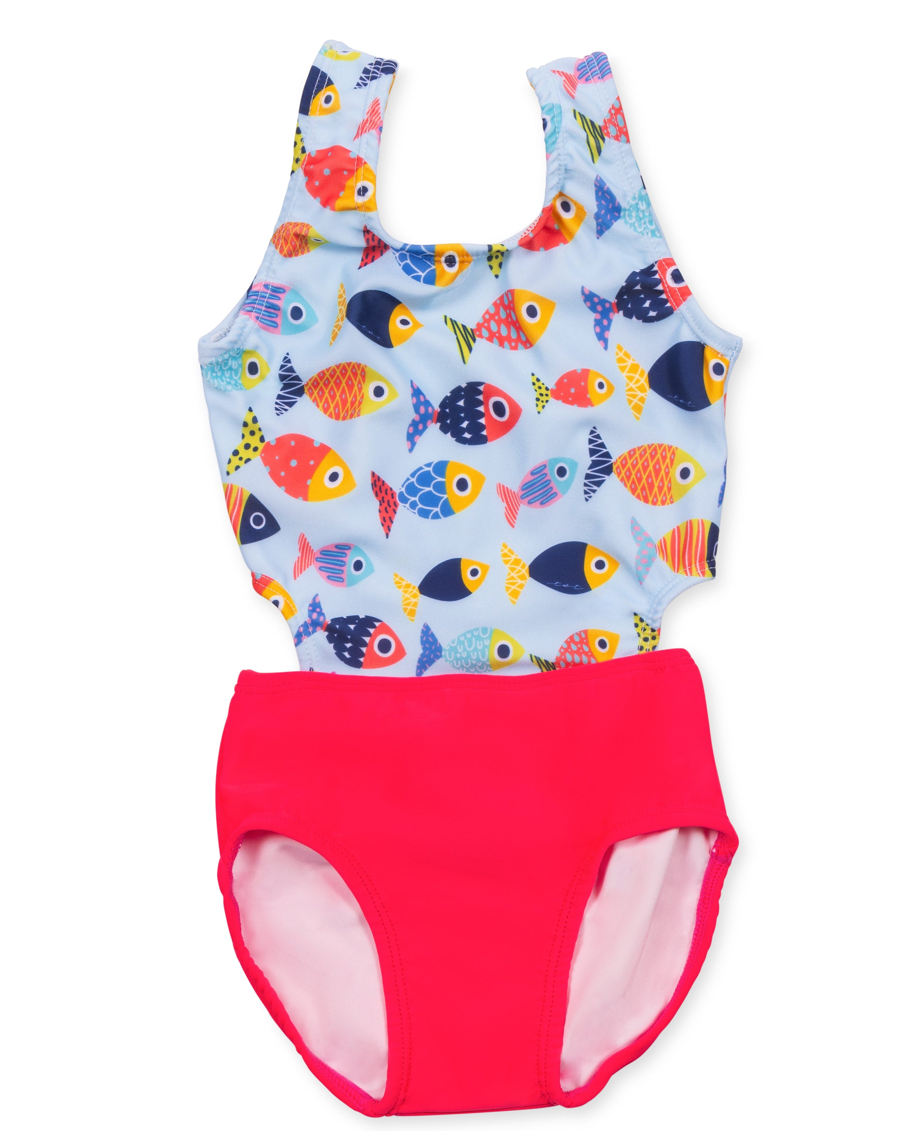 Girls Colorful Fish Cutout Swimsuit With Seersucker Bow
