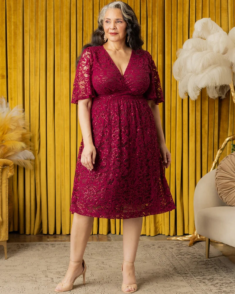 Plus Size Starry Sequined Lace Cocktail Dress