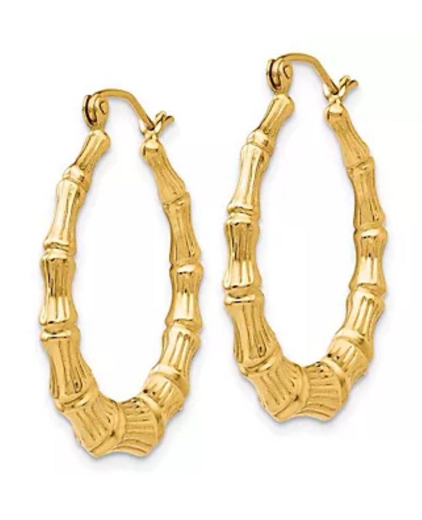 Hoop Earrings 10K Gold Bamboo Patterned