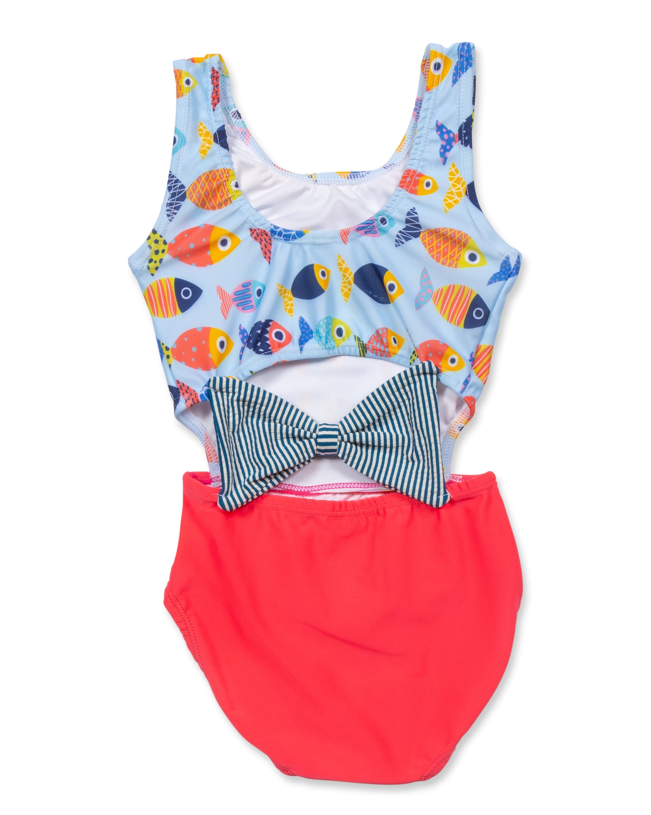 Girls Colorful Fish Cutout Swimsuit With Seersucker Bow