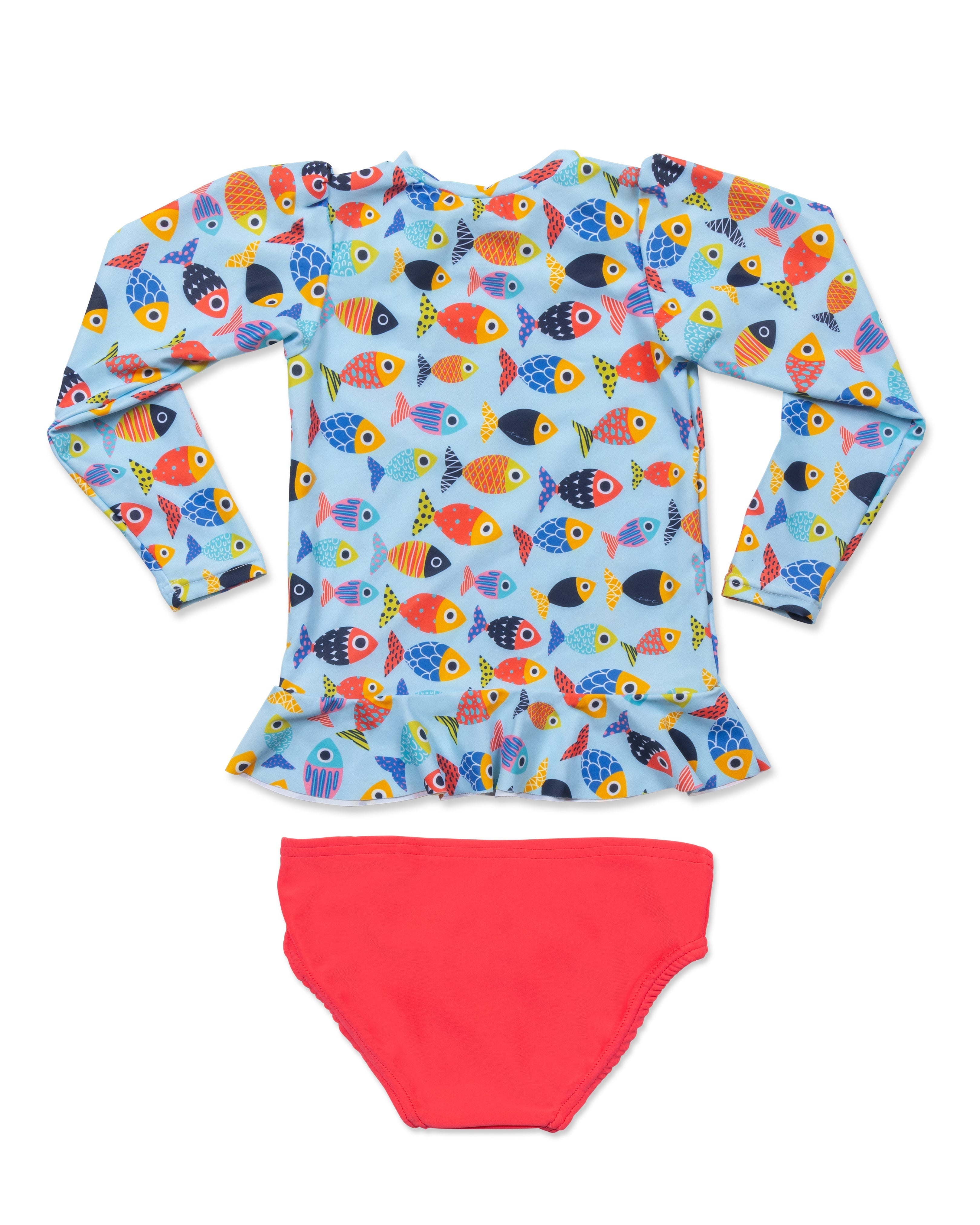 Girls Colorful Fish Sun Shirt and Coral Swim Bottom Set