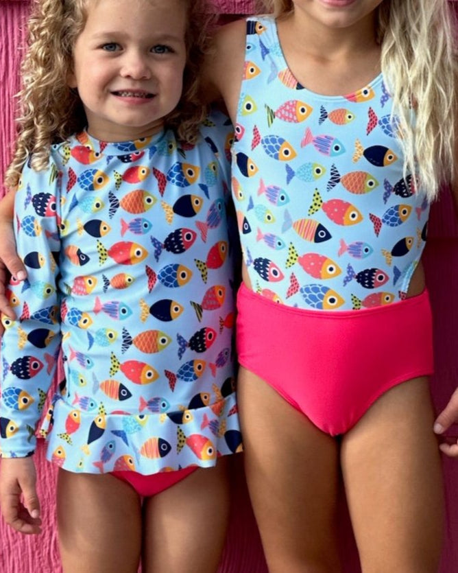 Girls Colorful Fish Sun Shirt and Coral Swim Bottom Set