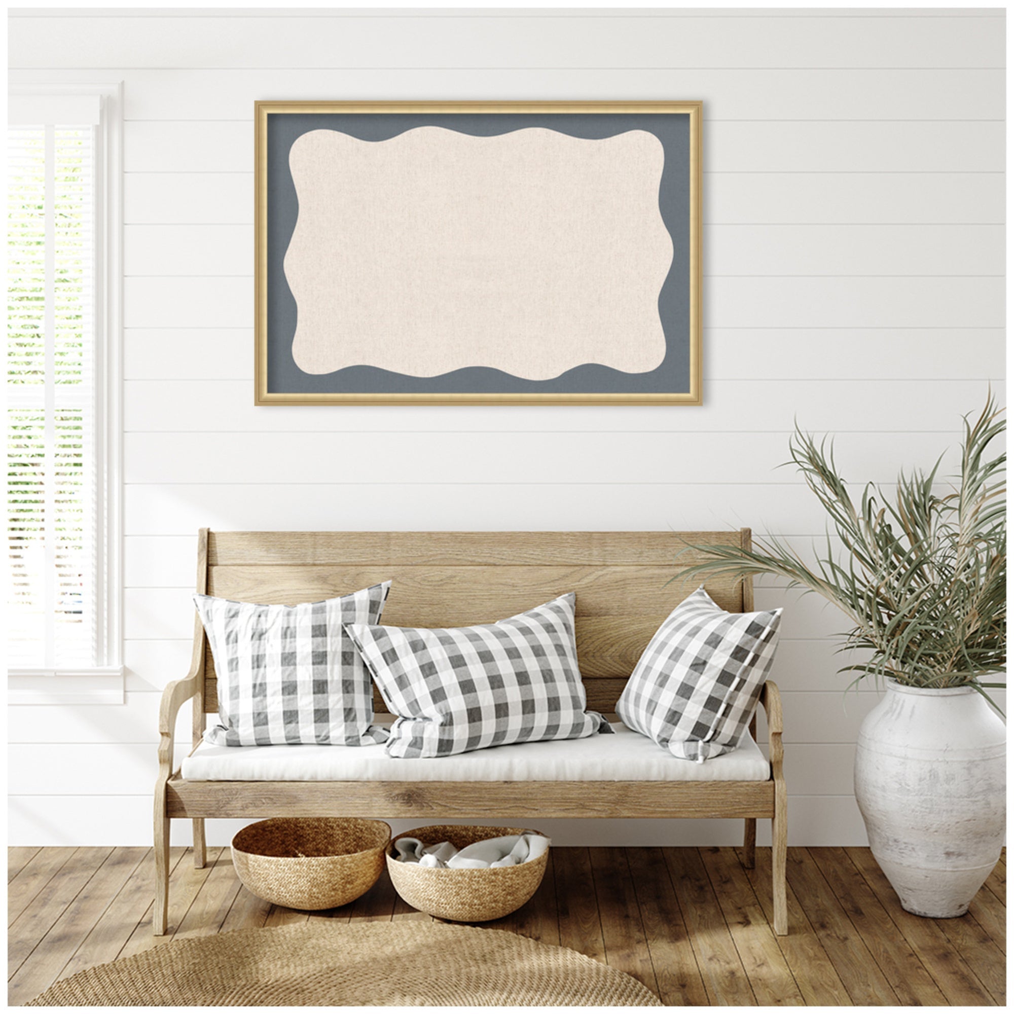 Framed Fabric Pinboard Wavy Linen and Smokey Blue Wall Organization