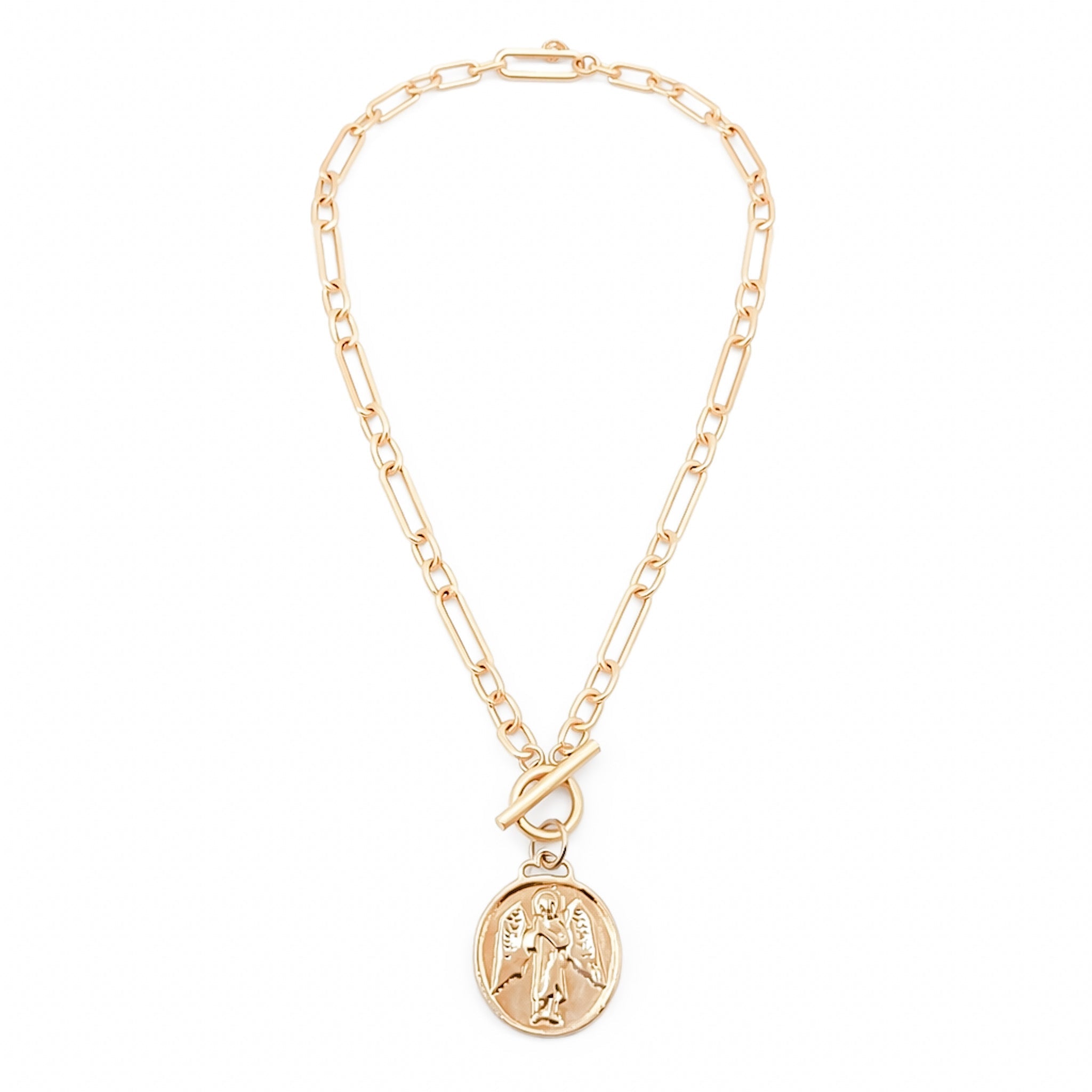 Heirloom Modern Paperclip Necklace with Matte Gold Guardian Angel