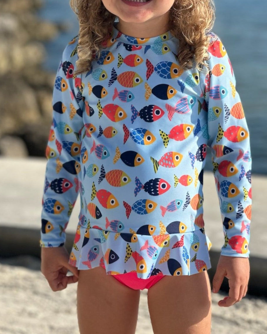 Girls Colorful Fish Sun Shirt and Coral Swim Bottom Set