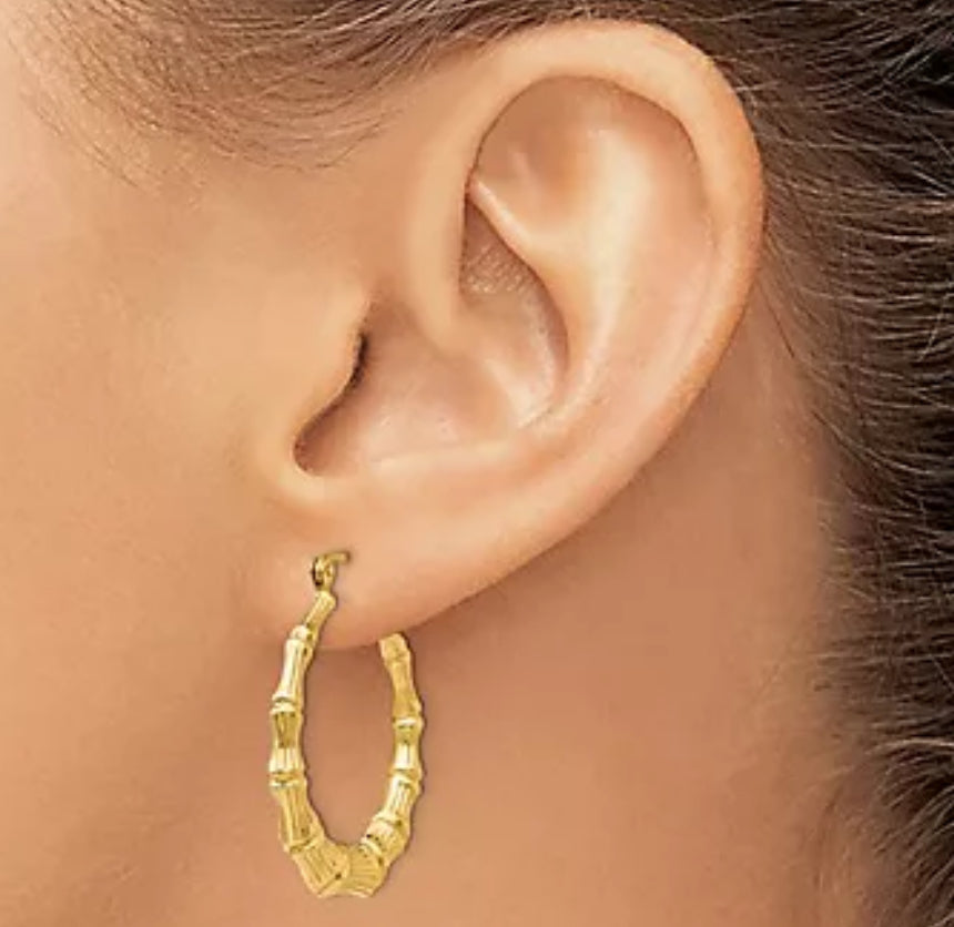 Hoop Earrings 10K Gold Bamboo Patterned