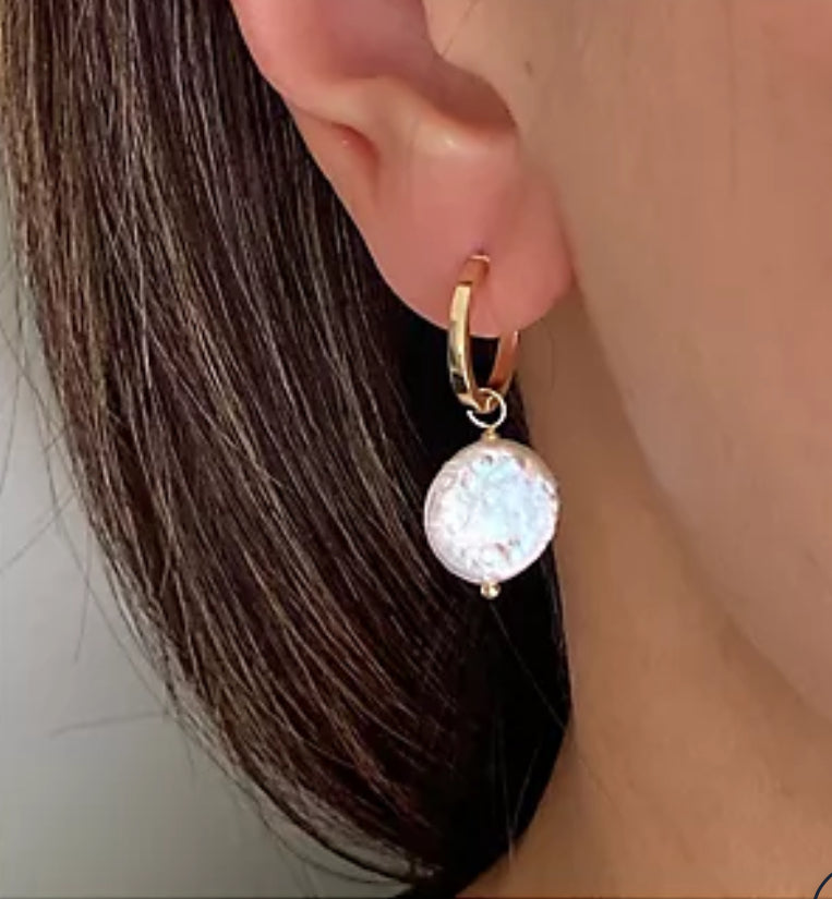 10K Gold Mother of Pearl Disc Hoop Earrings