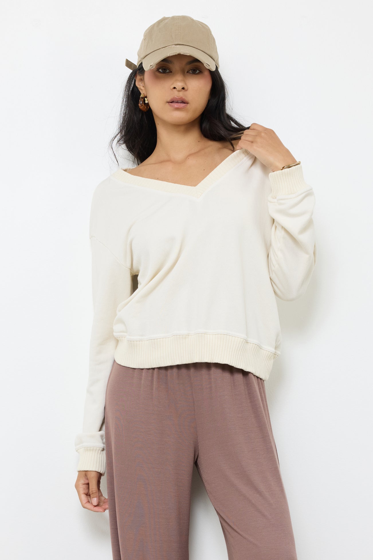 Oversized Cotton Pullover - V Neck French Terry