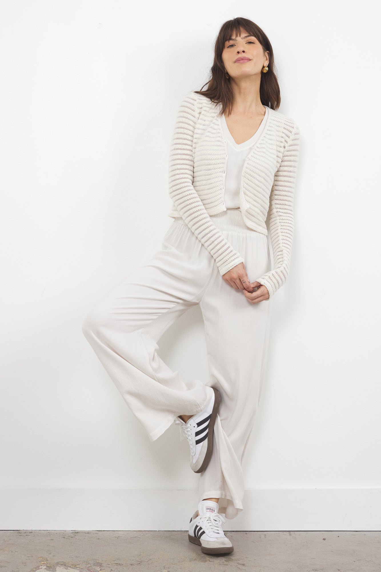 Striped Button Up V-Neck Sheer Cardigan