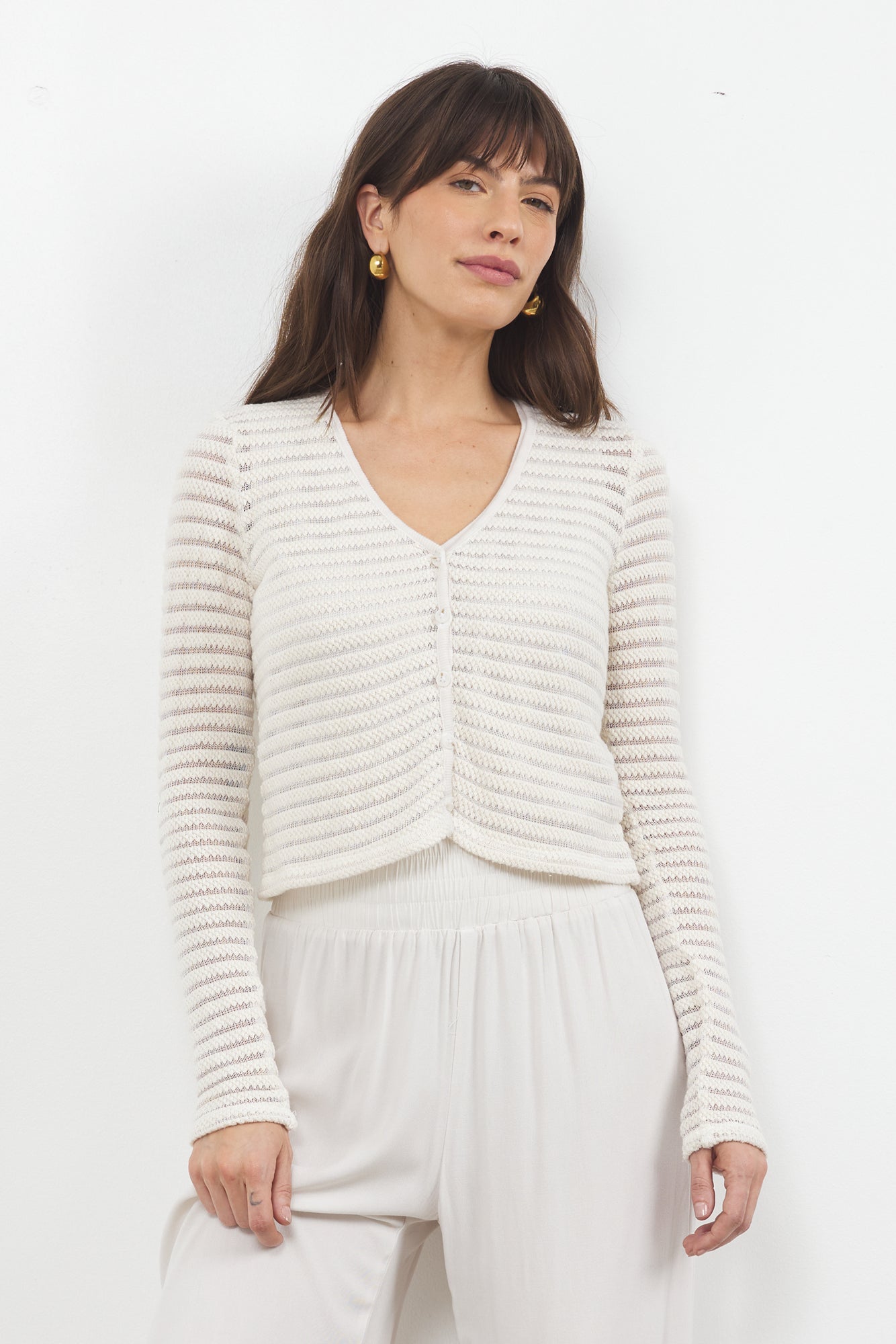 Striped Button Up V-Neck Sheer Cardigan