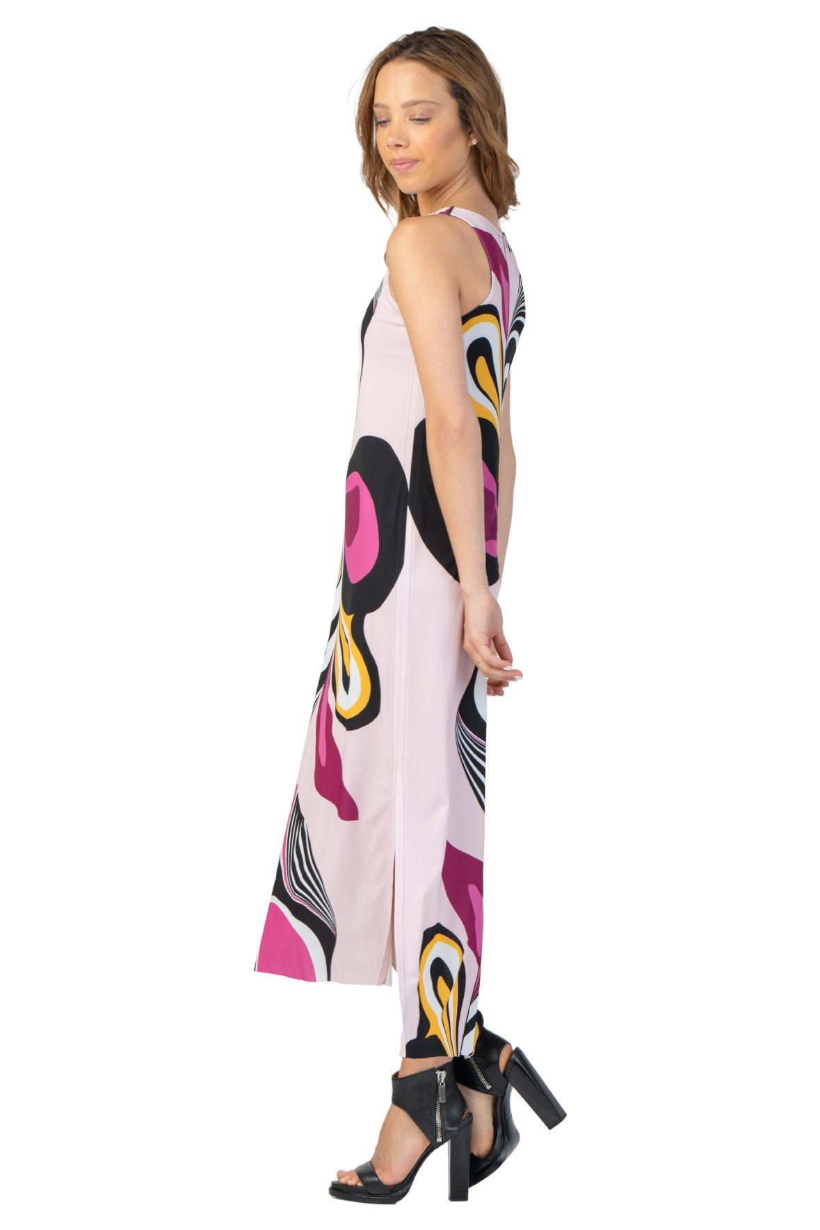 Wrinkle-Resistant Raw Hemline Slit Tank Midi Dress - Azalea