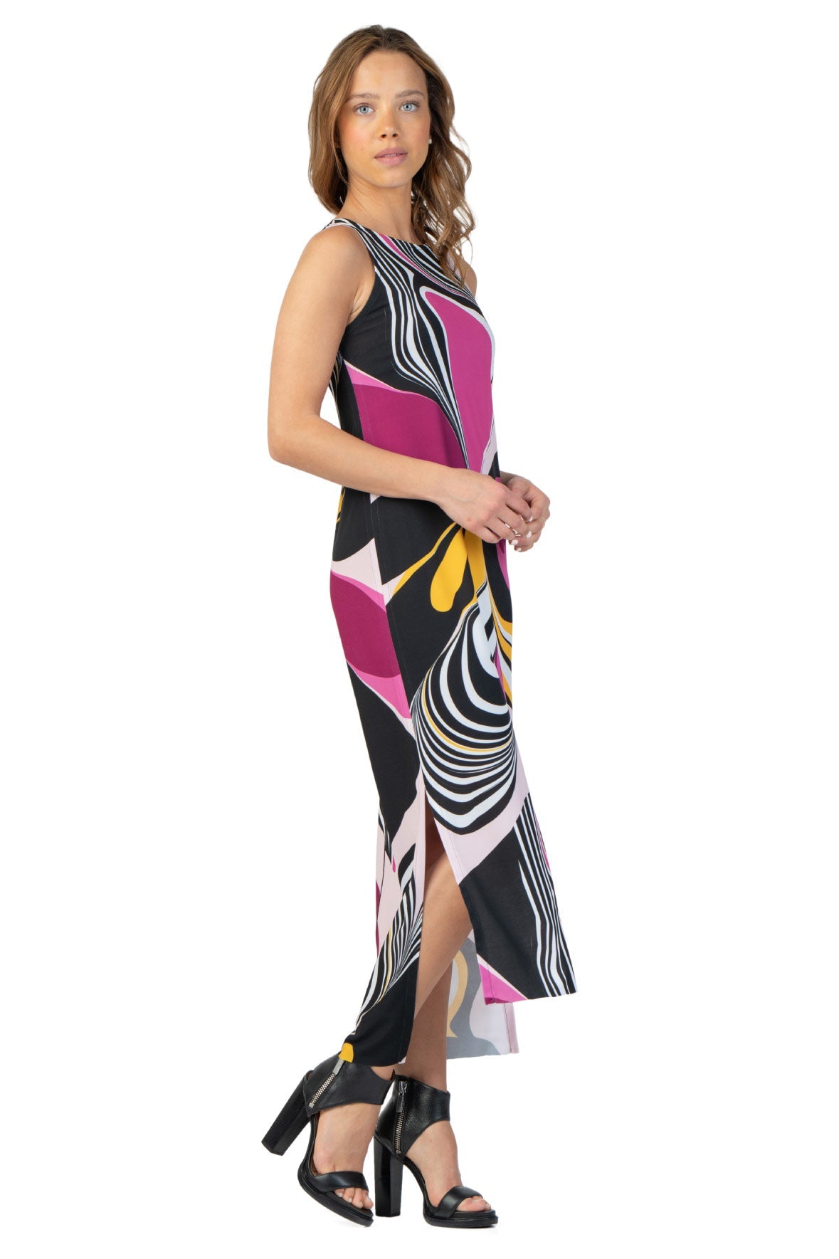 Wrinkle-Resistant Raw Hemline Slit Tank Midi Dress - Azalea