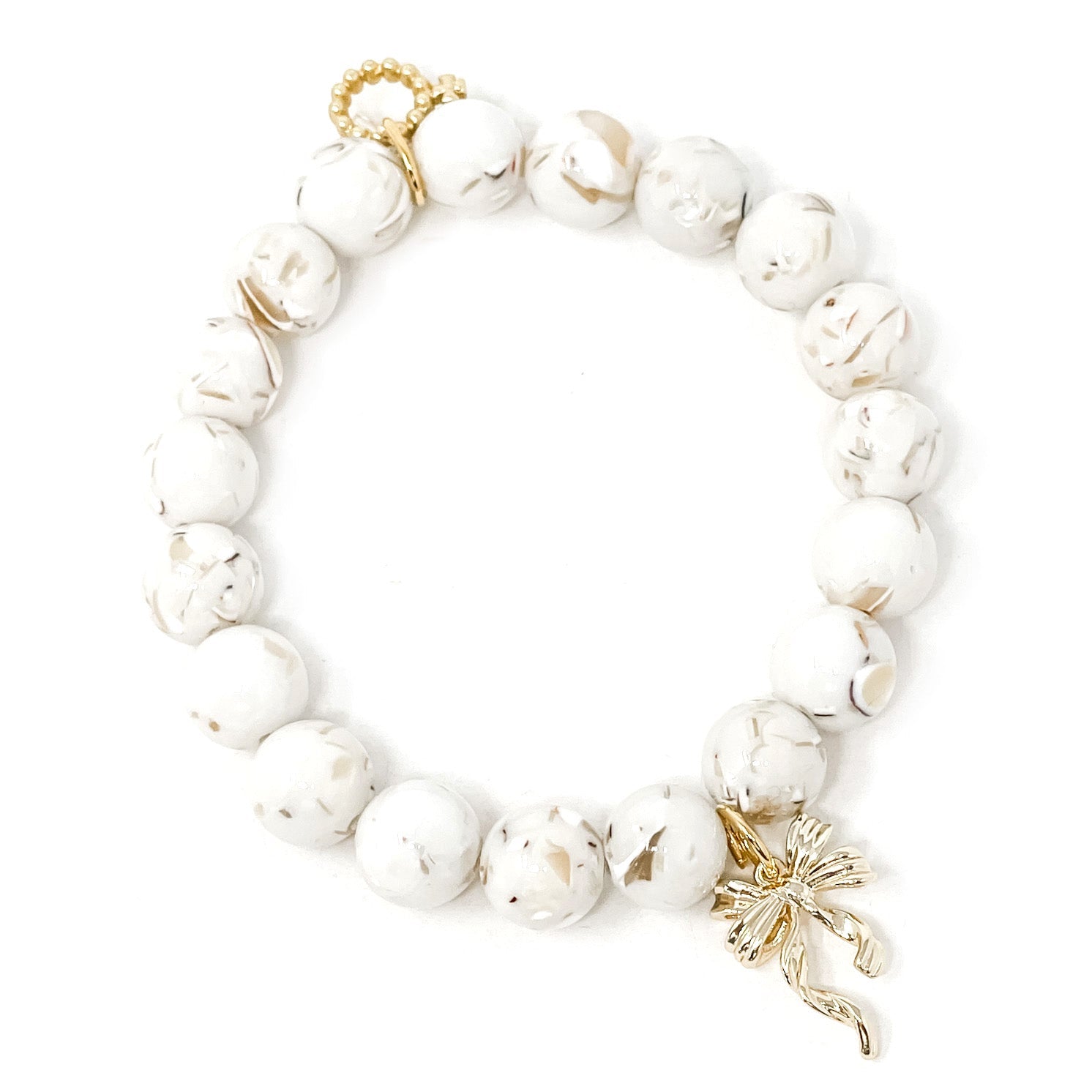 10mm Cream Mosaic Agate with Gold Bow