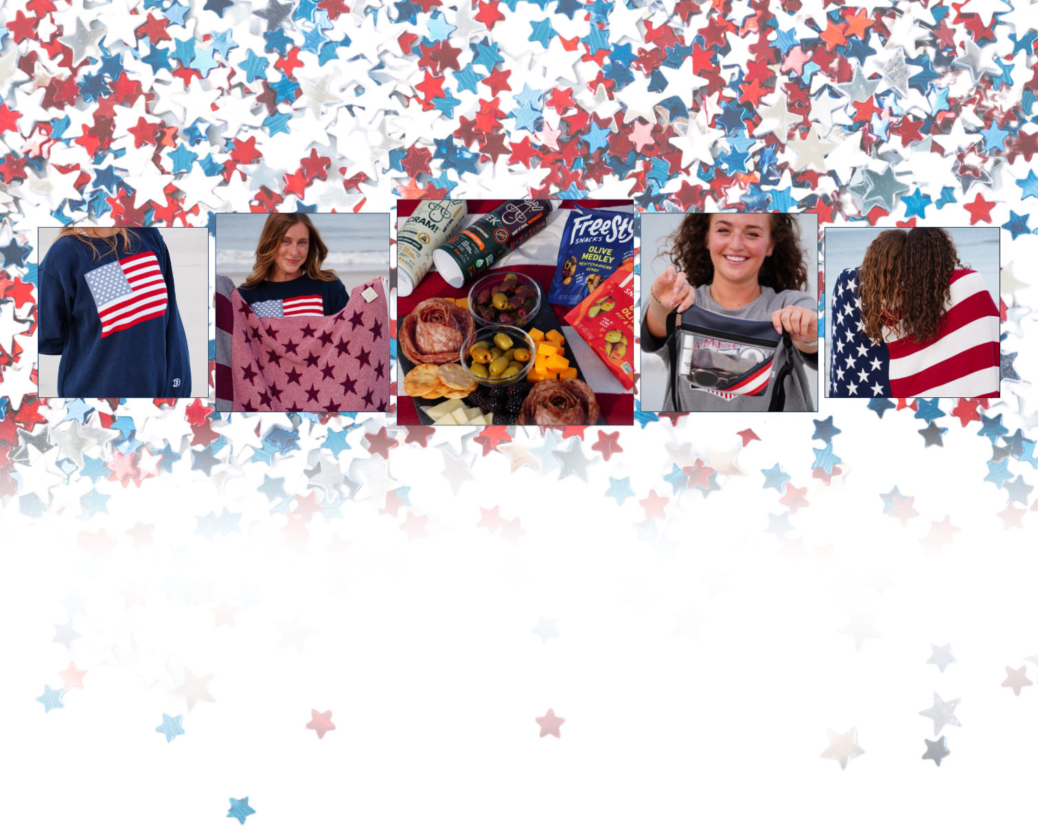 Collage of people wearing American flag-themed clothing with a festive background of stars and stripes.