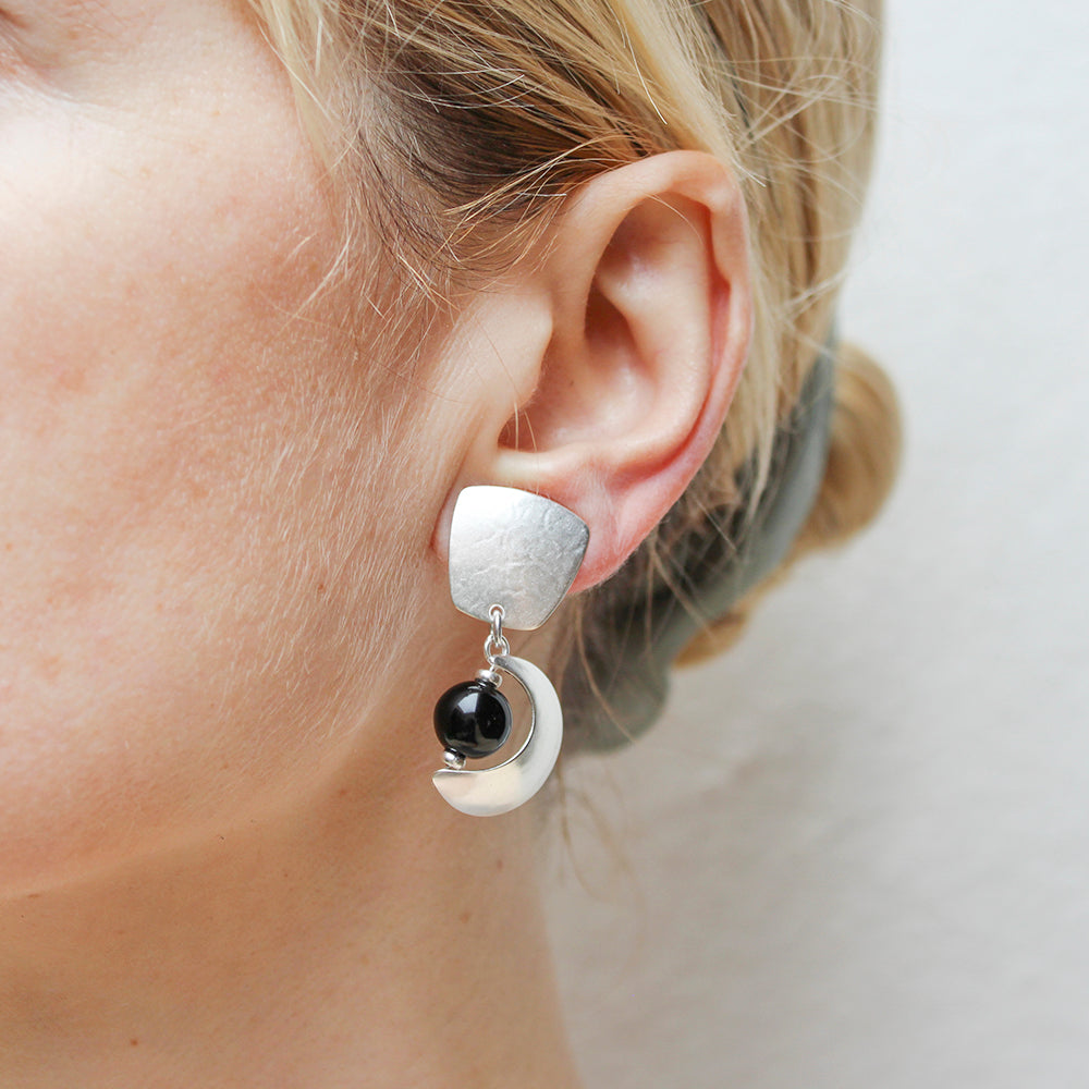 Tapered Square w/Black Bead Crescent  - Clip or Post Earring