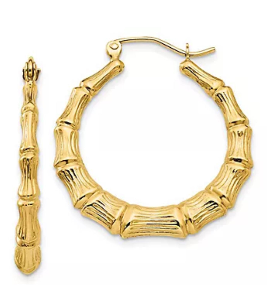 Hoop Earrings 10K Gold Bamboo Patterned