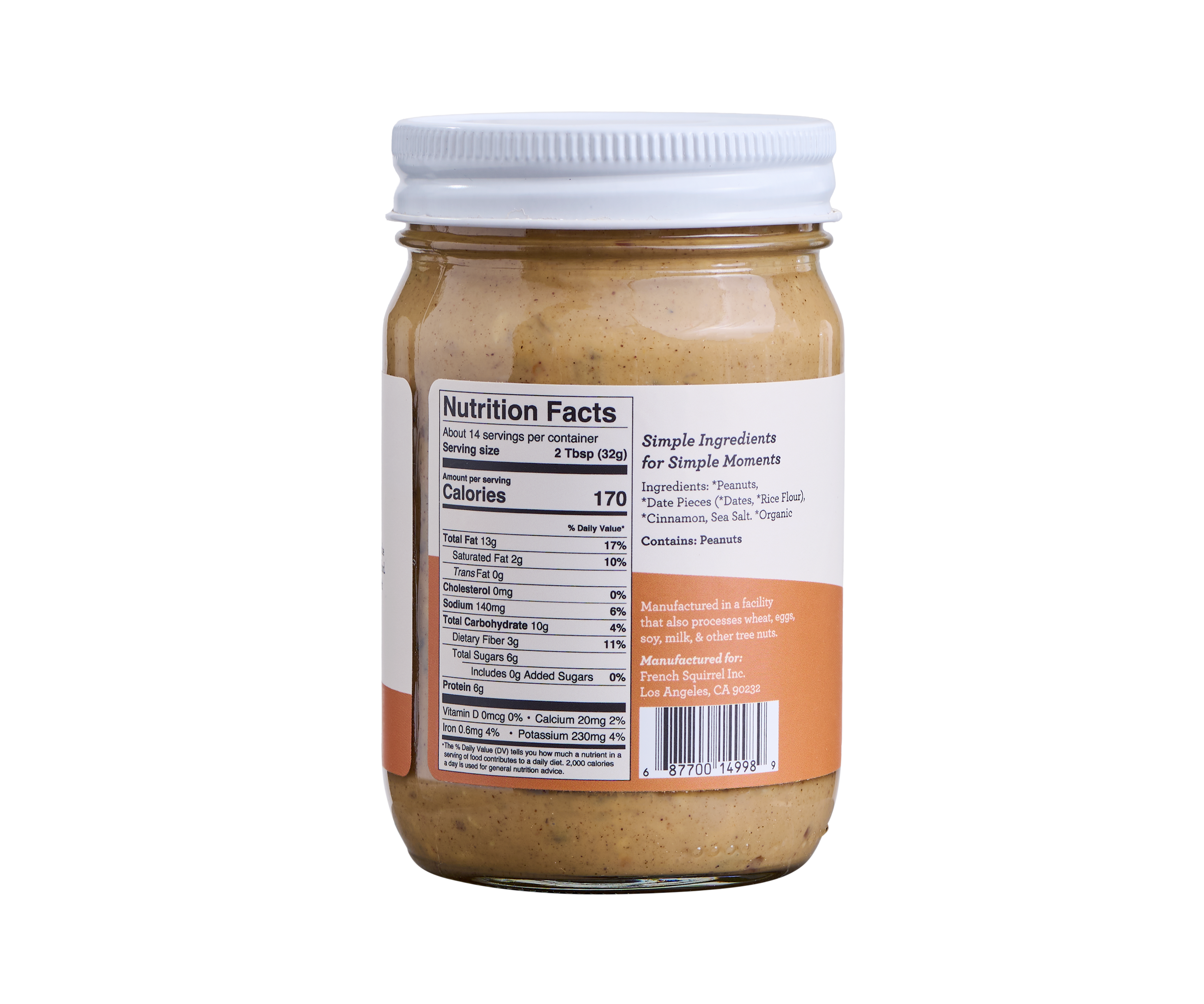 Organic Peanut Butter w/Crunchy Dates - 2 Jars