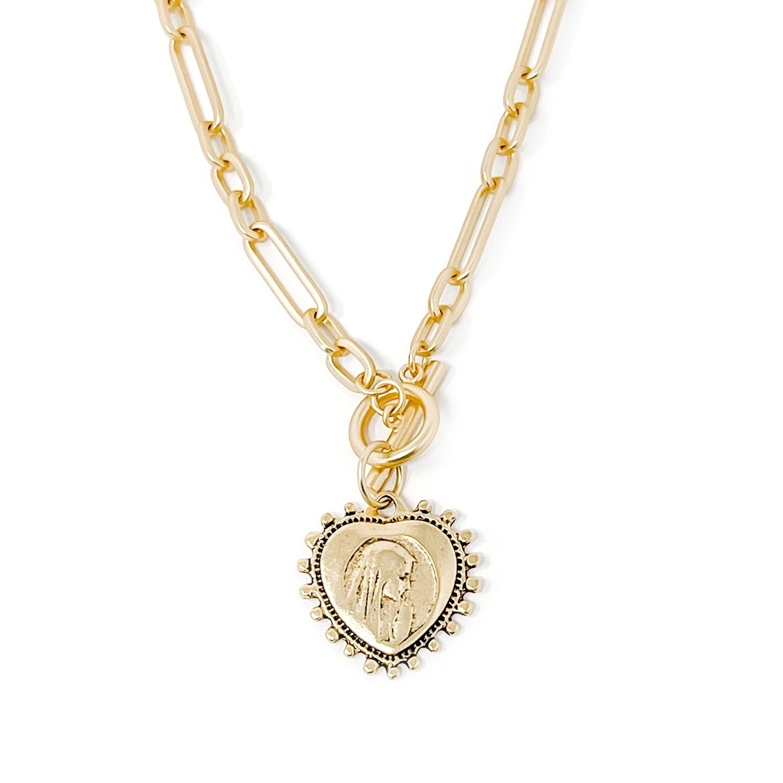 Heirloom Modern Paperclip Necklace with Gold Blessed Mother Heart