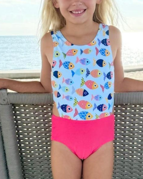 Girls Colorful Fish Cutout Swimsuit With Seersucker Bow