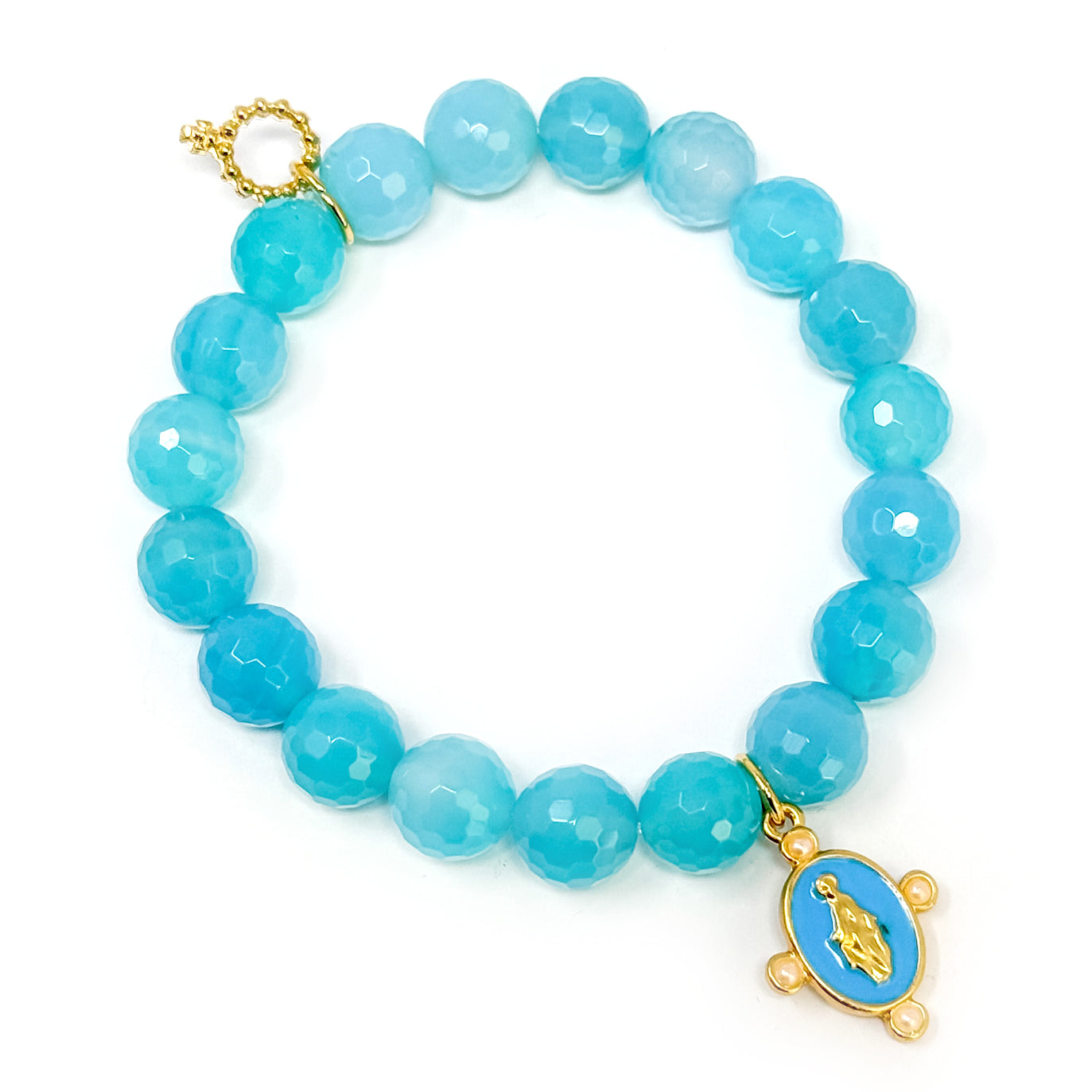 10mm Faceted Blue Ice Agate with Light Blue Blessed Mother
