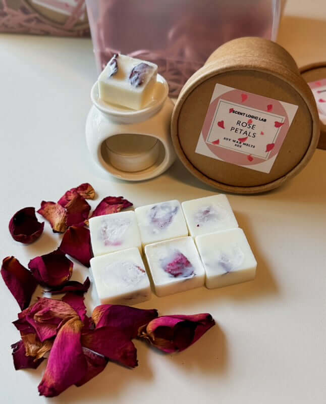 Rose Petal Wax Melter Gift Set | Ceramic Melter + 4oz Soy Wax Melts + Tealight Candle