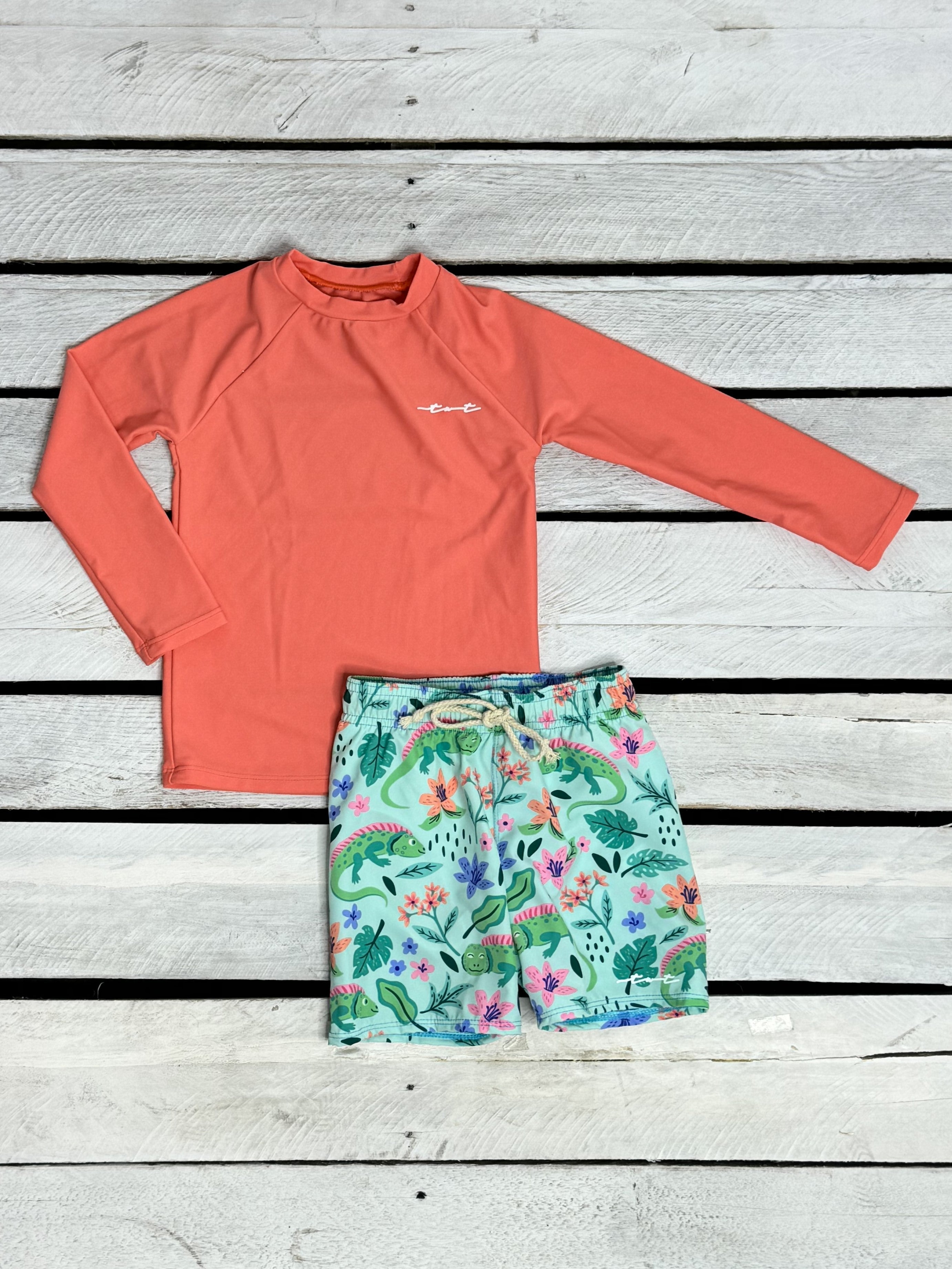 Boys Tropical Iguanas Long Sleeve UPF Shirt & Swim Trunks