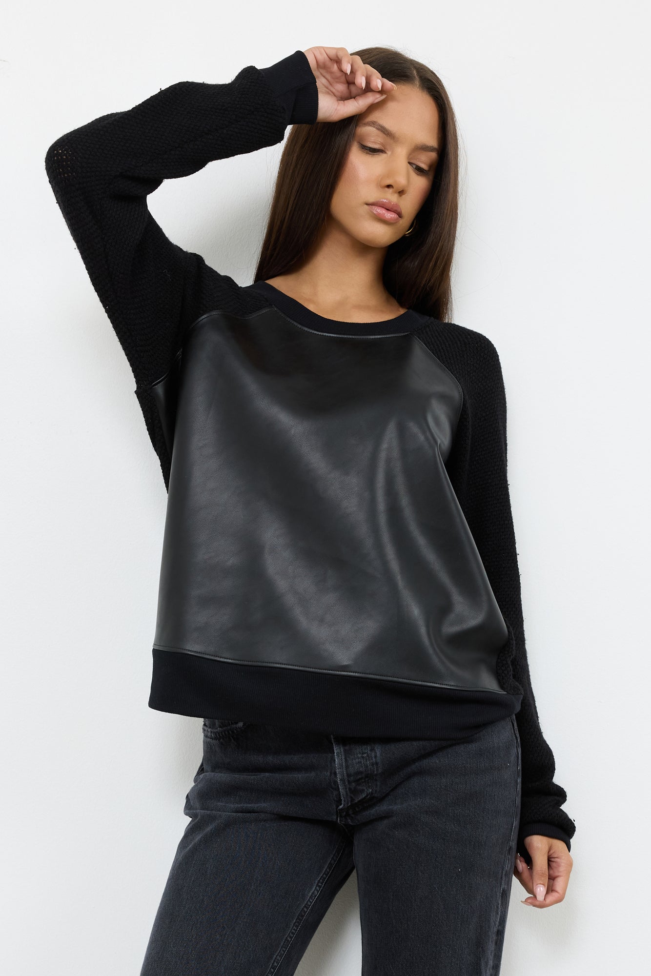 Noah Long Sleeve Pullover Vegan Leather Mesh